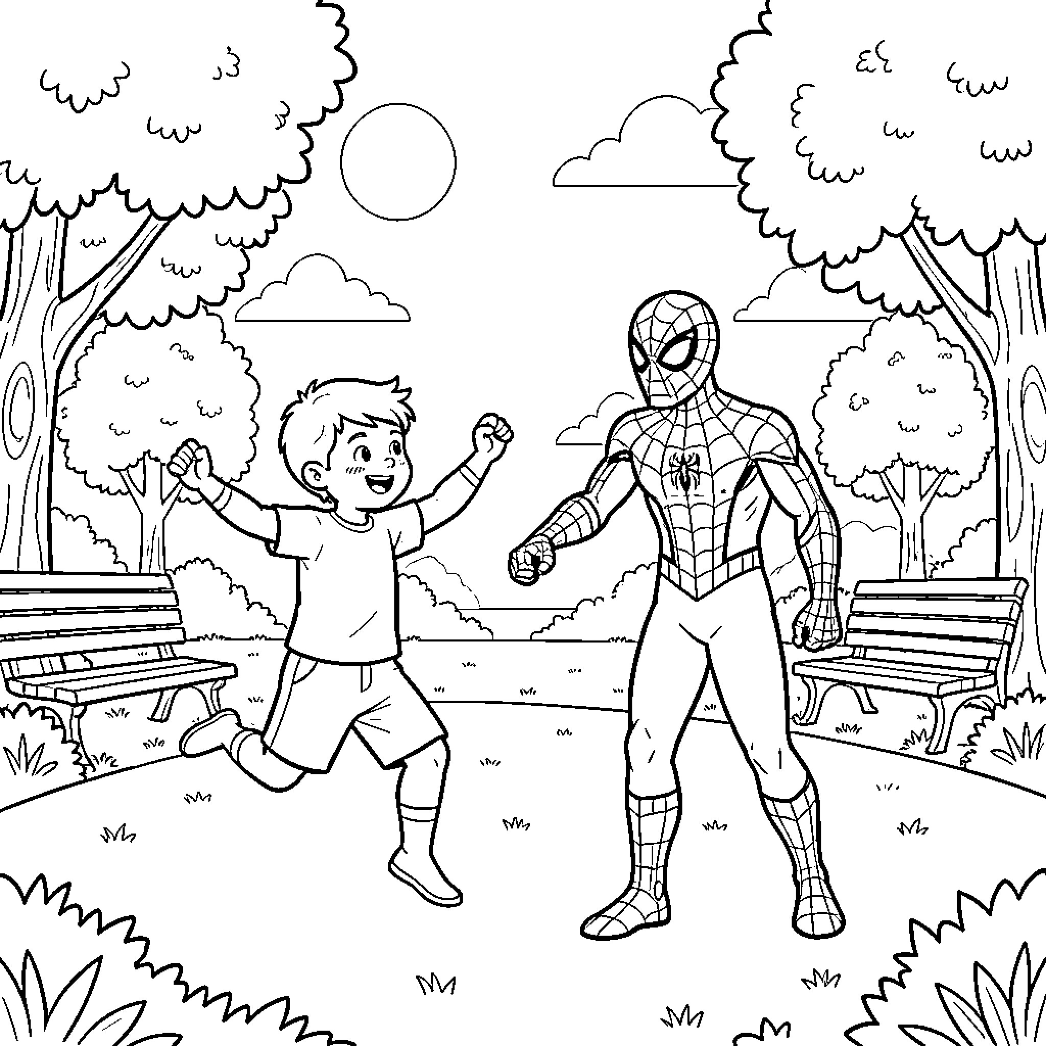Niño playing with Superhero in the Park Coloring Page (free black-and-white line drawing printable PDF for all, from beginners to advanced learners, including children, teens, adults, and seniors)