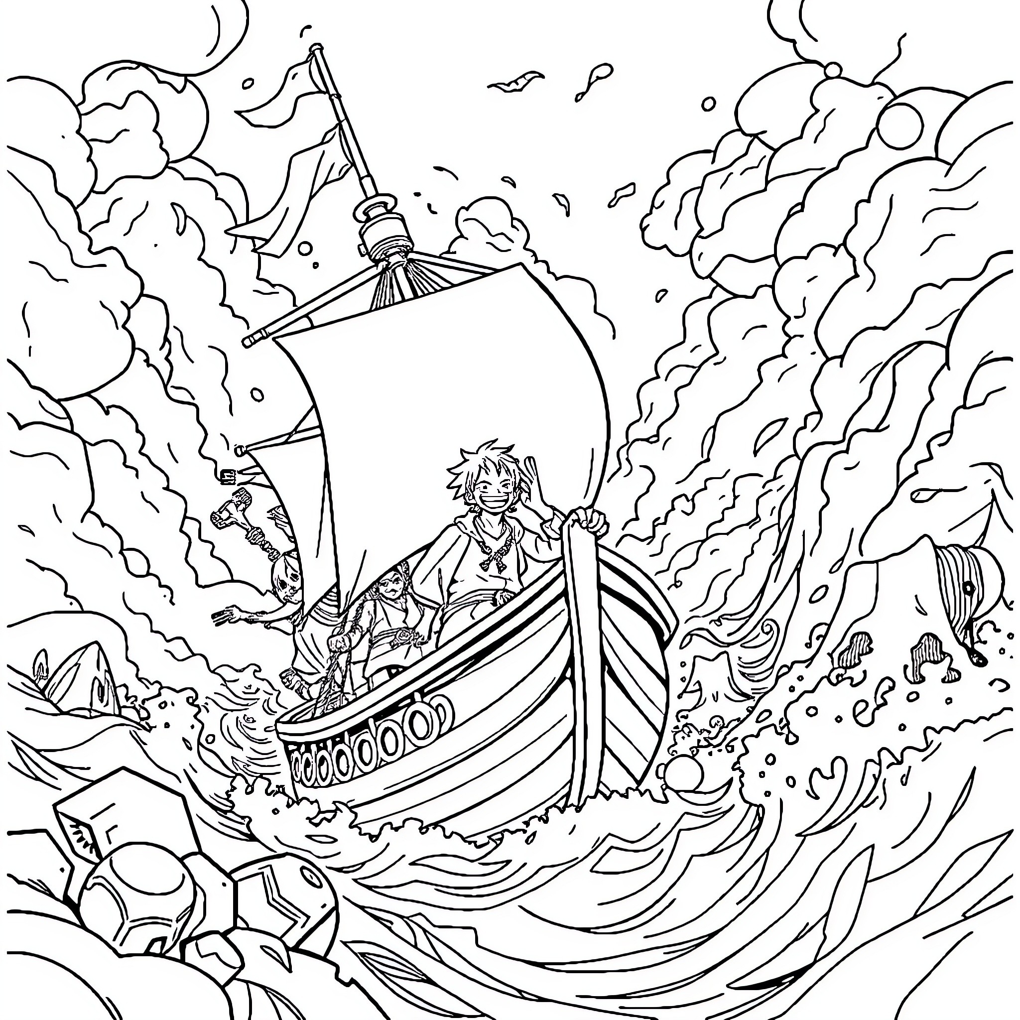 One Piece: Pirate Ship Sailing Through Stormy Seas Coloring Page (free black-and-white line drawing printable PDF for all, from beginners to advanced learners, including children, teens, adults, and seniors)