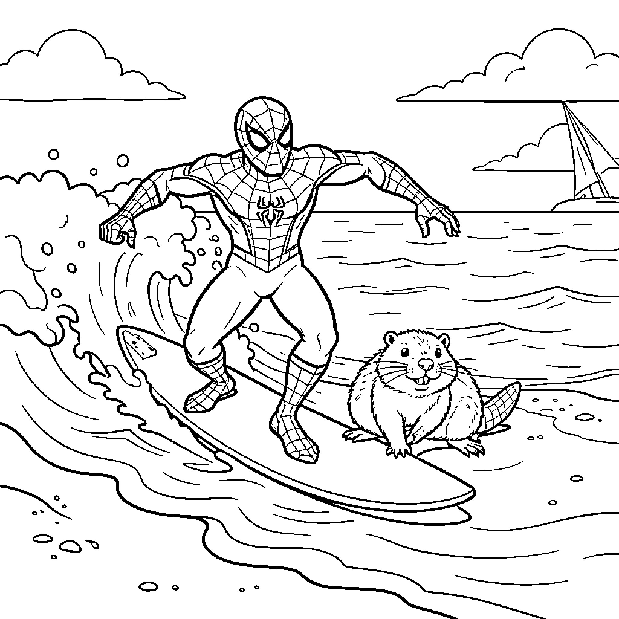Spider-Man surfing on a wave next to a beaver Coloring Page (free black-and-white line drawing printable PDF for all, from beginners to advanced learners, including children, teens, adults, and seniors)