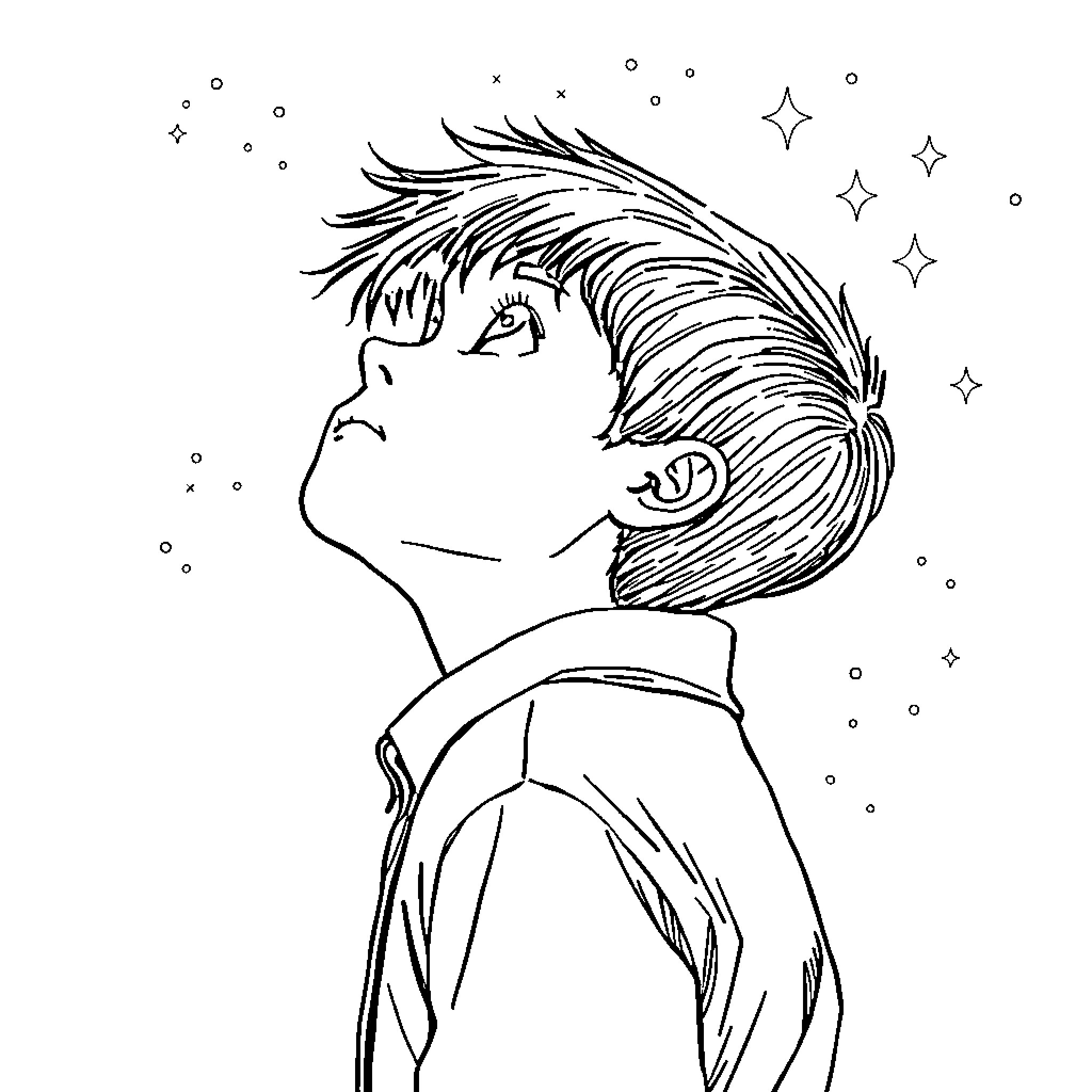 Garçon gazing at the stars Coloring Page (free black-and-white line drawing printable PDF for all, from beginners to advanced learners, including children, teens, adults, and seniors)