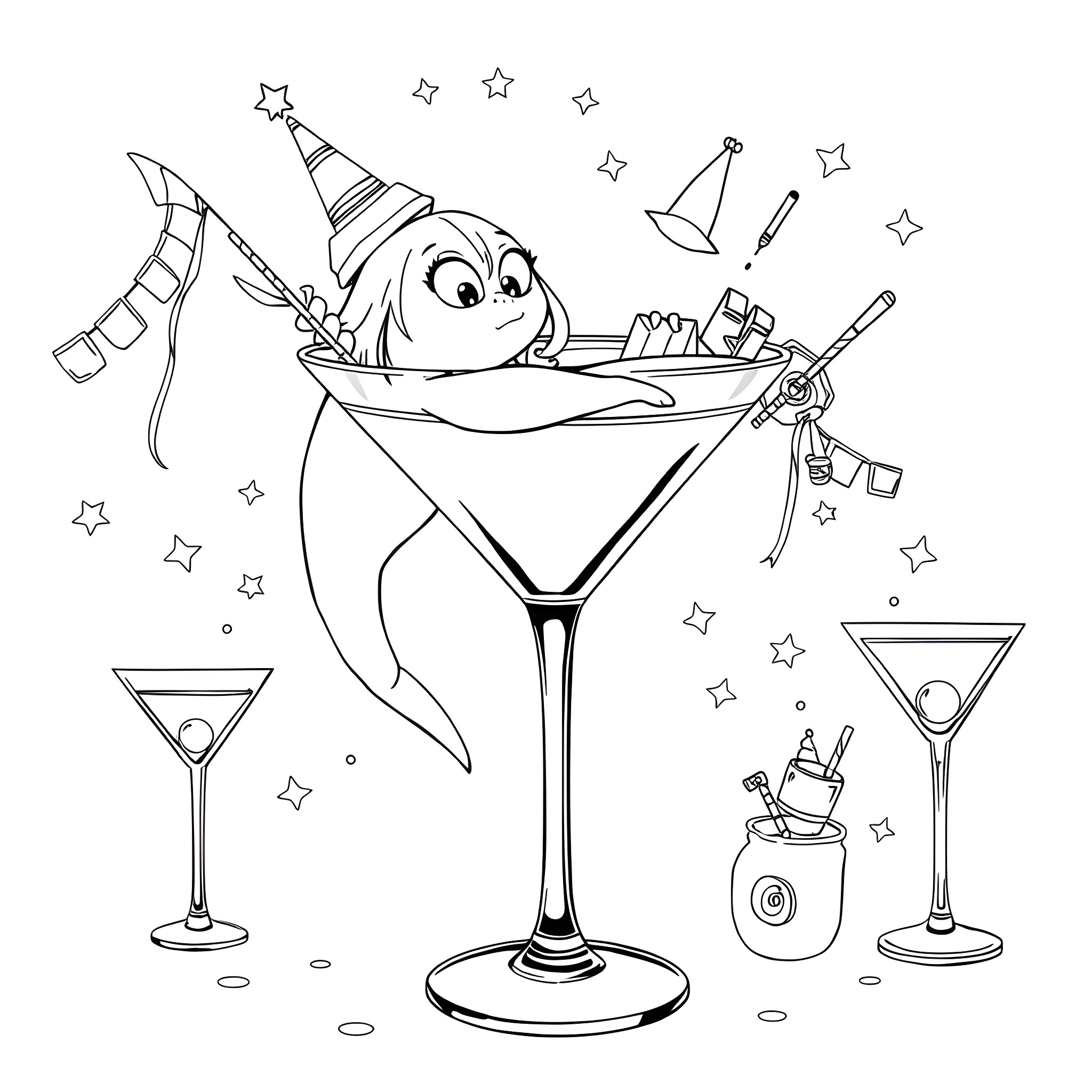 Shark celebrating in a martini glass Coloring Page (free black-and-white line drawing printable PDF for all, from beginners to advanced learners, including children, teens, adults, and seniors)