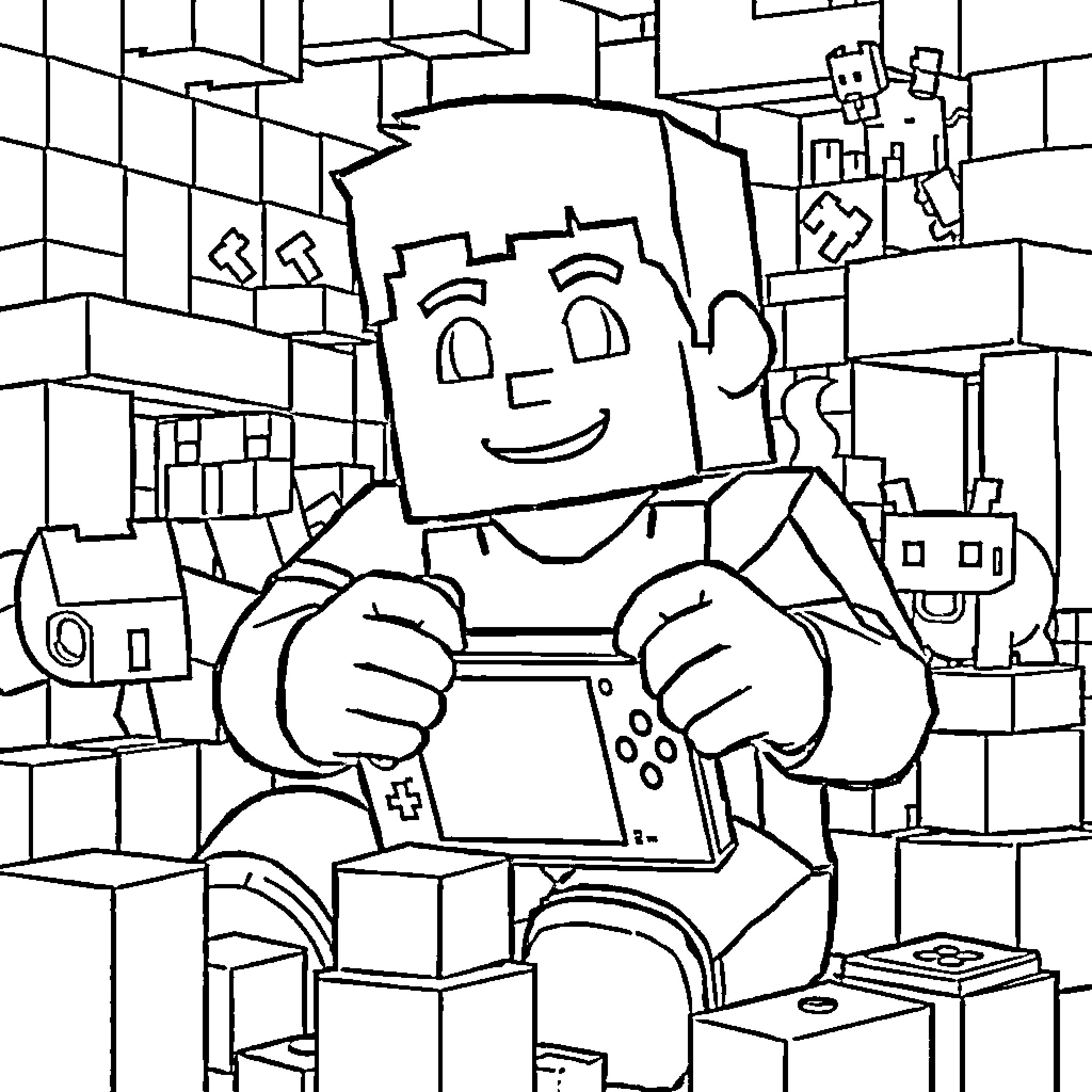 Steve exploring the blocky world around him Coloring Page (free black-and-white line drawing printable PDF for all, from beginners to advanced learners, including children, teens, adults, and seniors)