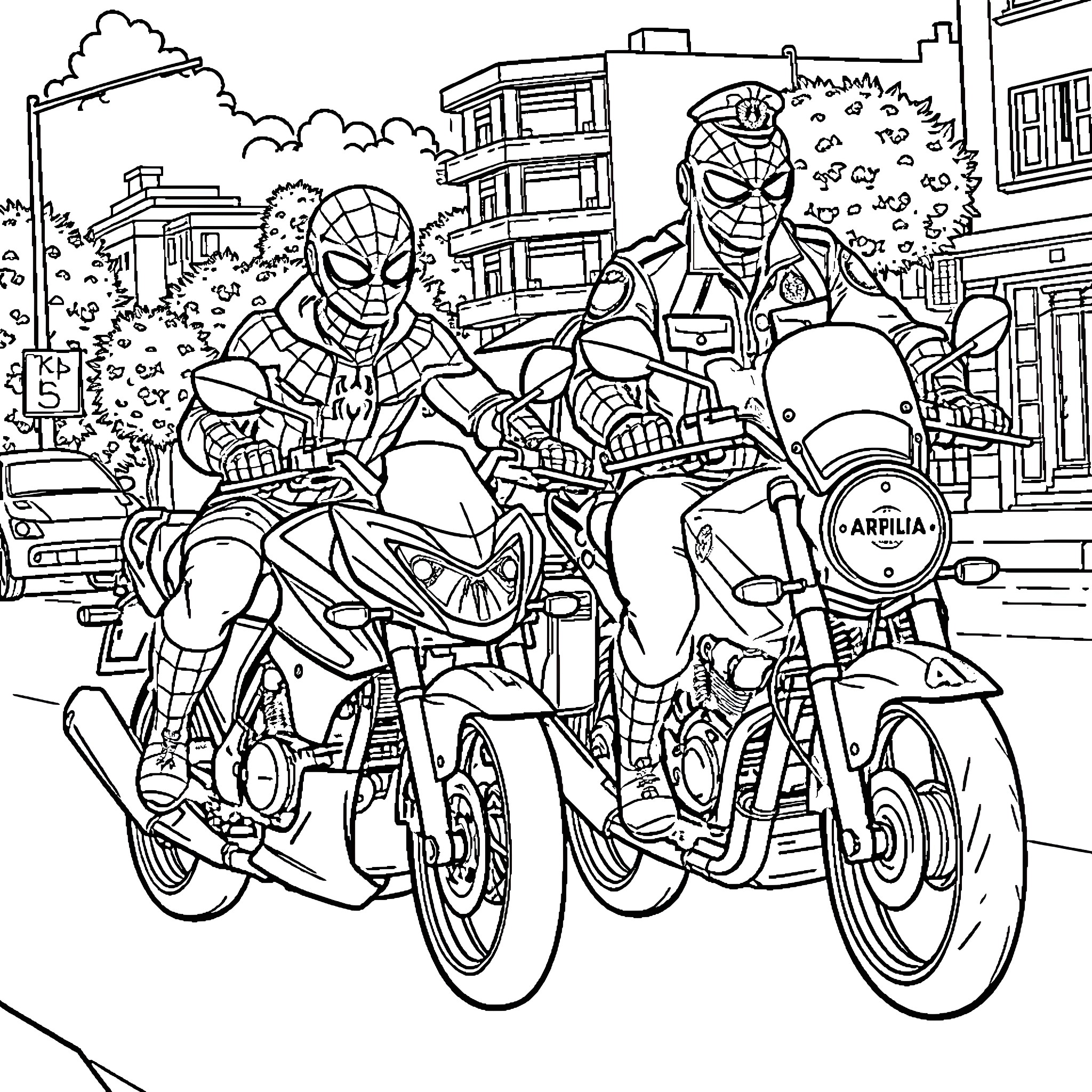 Motorcycle Riders Navigating City Streets Coloring Page (free black-and-white line drawing printable PDF for all, from beginners to advanced learners, including children, teens, adults, and seniors)