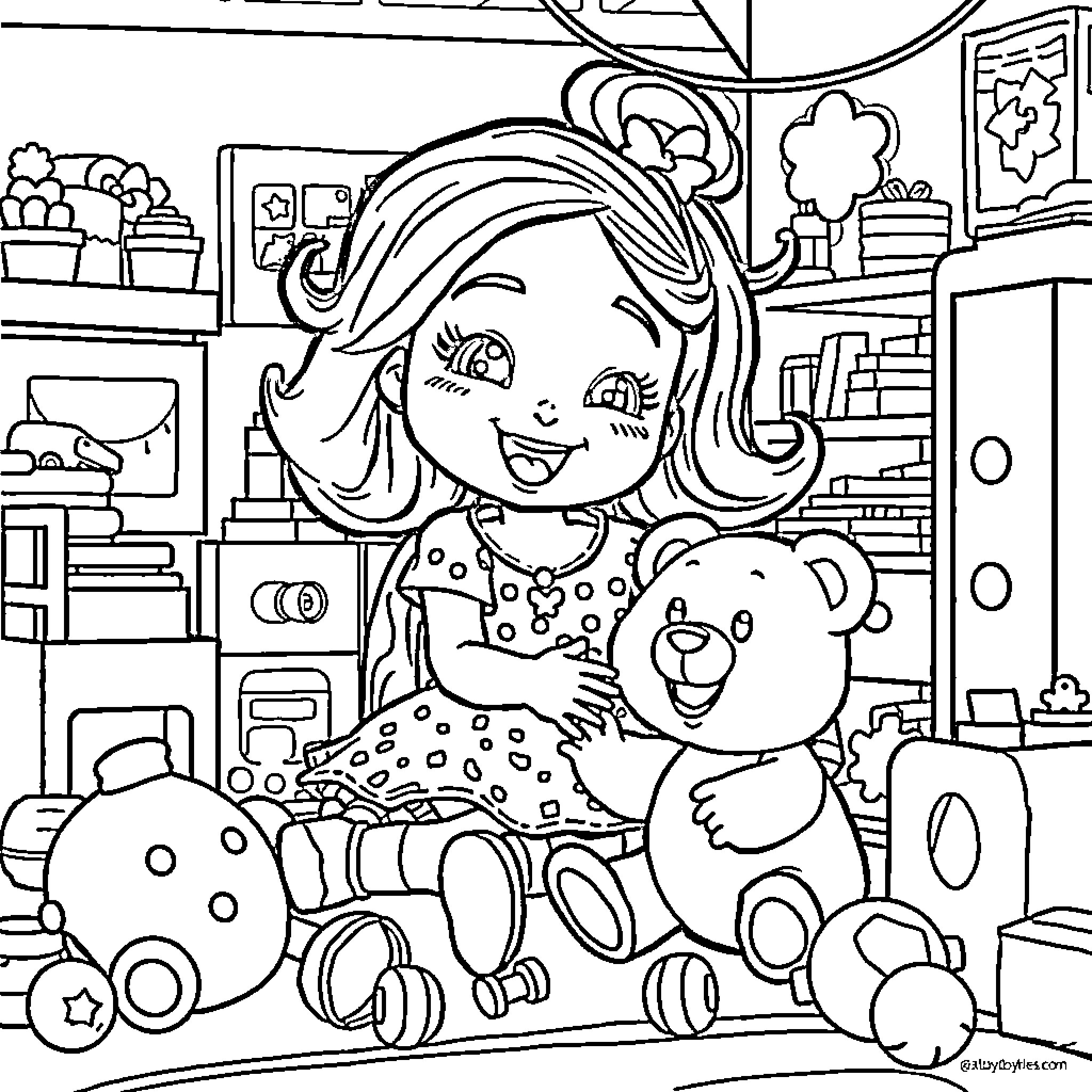 Gabby's Cozy Room with Toys and Teddy Bear Coloring Page (free black-and-white line drawing printable PDF for all, from beginners to advanced learners, including children, teens, adults, and seniors)