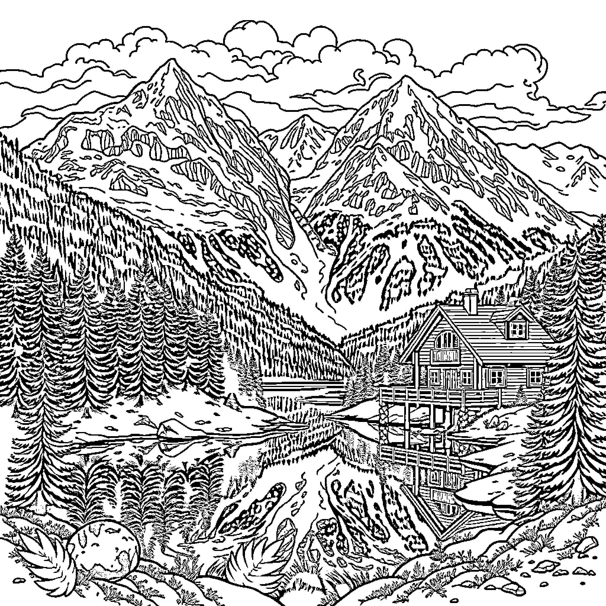 Mountain landscape with rustic cabin and snowy peaks Coloring Page (free black-and-white line drawing printable PDF for all, from beginners to advanced learners, including children, teens, adults, and seniors)