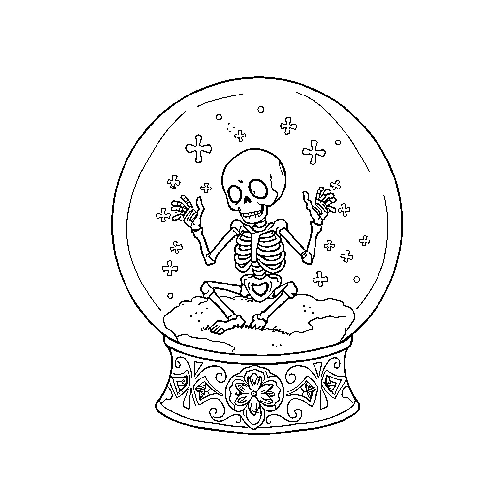 Skeleton dancing in a decorative snow globe Coloring Page (free black-and-white line drawing printable PDF for all, from beginners to advanced learners, including children, teens, adults, and seniors)