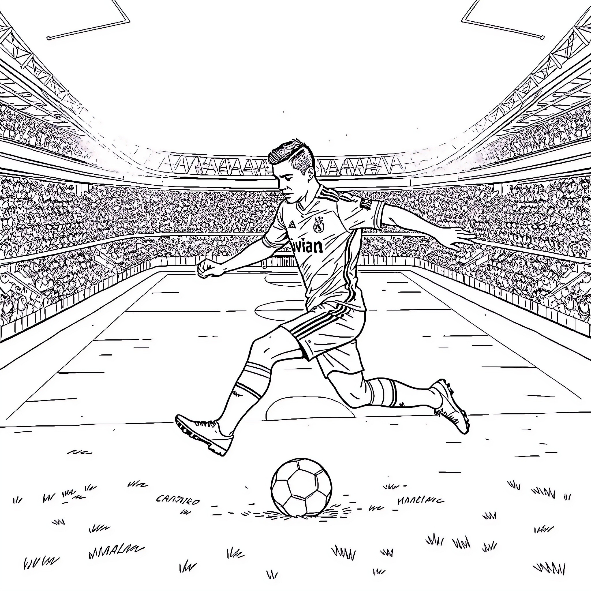 Cristiano Ronaldo Dribbling on Football Field Coloring Page (free black-and-white line drawing printable PDF for all, from beginners to advanced learners, including children, teens, adults, and seniors)