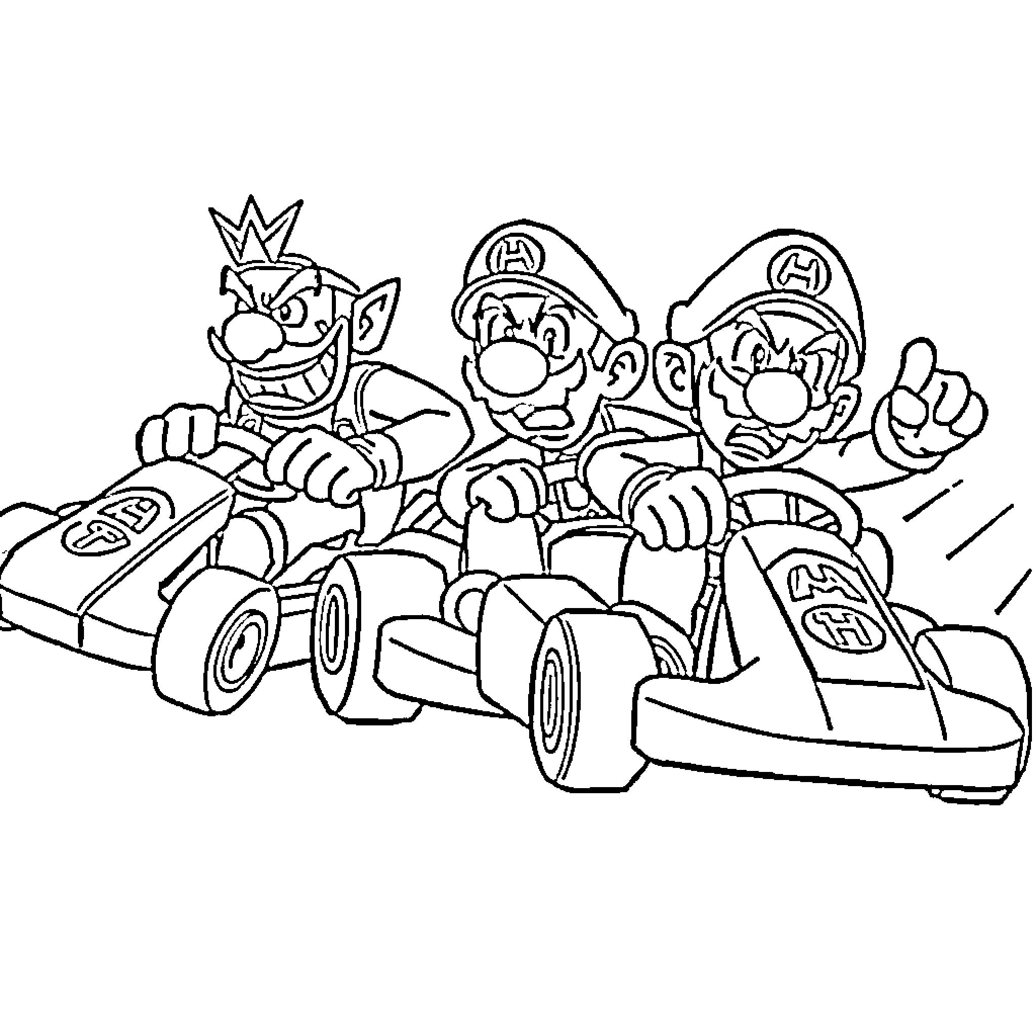 Mario and friends racing in go-karts Coloring Page (free black-and-white line drawing printable PDF for all, from beginners to advanced learners, including children, teens, adults, and seniors)