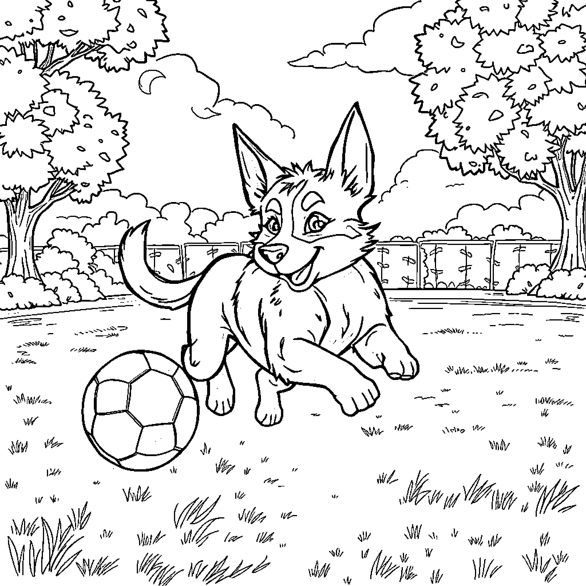 Dog playing with soccer ball in park Coloring Page (free black-and-white line drawing printable PDF for all, from beginners to advanced learners, including children, teens, adults, and seniors)