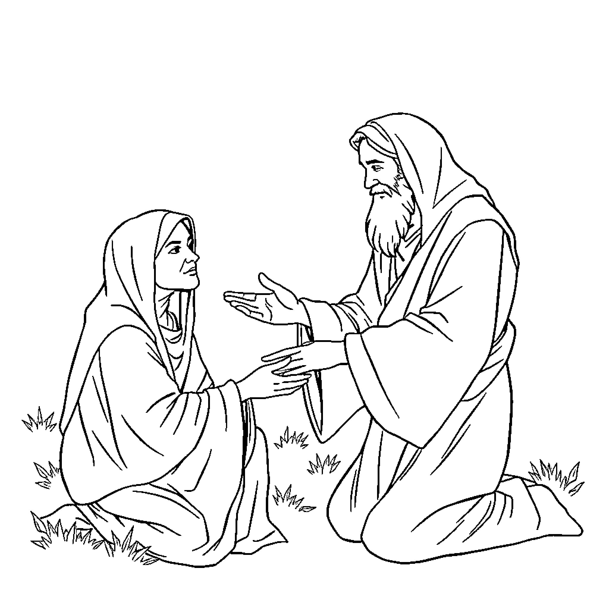 Elijah mentoring the young woman in conversation Coloring Page (free black-and-white line drawing printable PDF for all, from beginners to advanced learners, including children, teens, adults, and seniors)