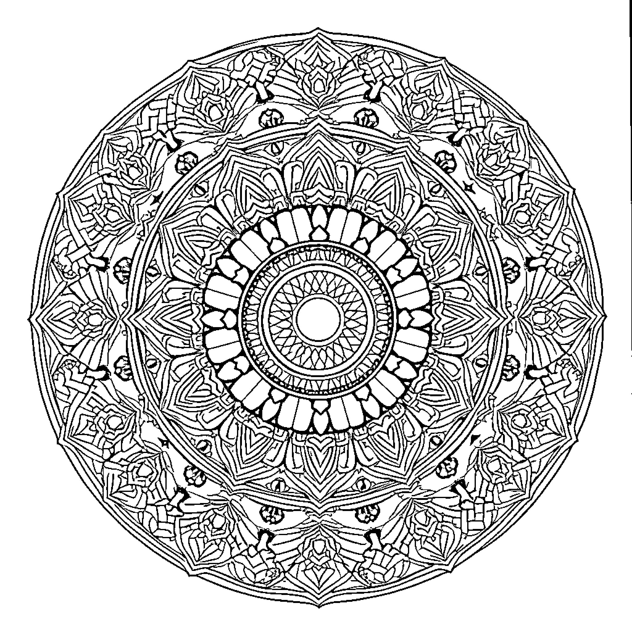 Mandala with intricate floral and geometric patterns Coloring Page (free black-and-white line drawing printable PDF for all, from beginners to advanced learners, including children, teens, adults, and seniors)