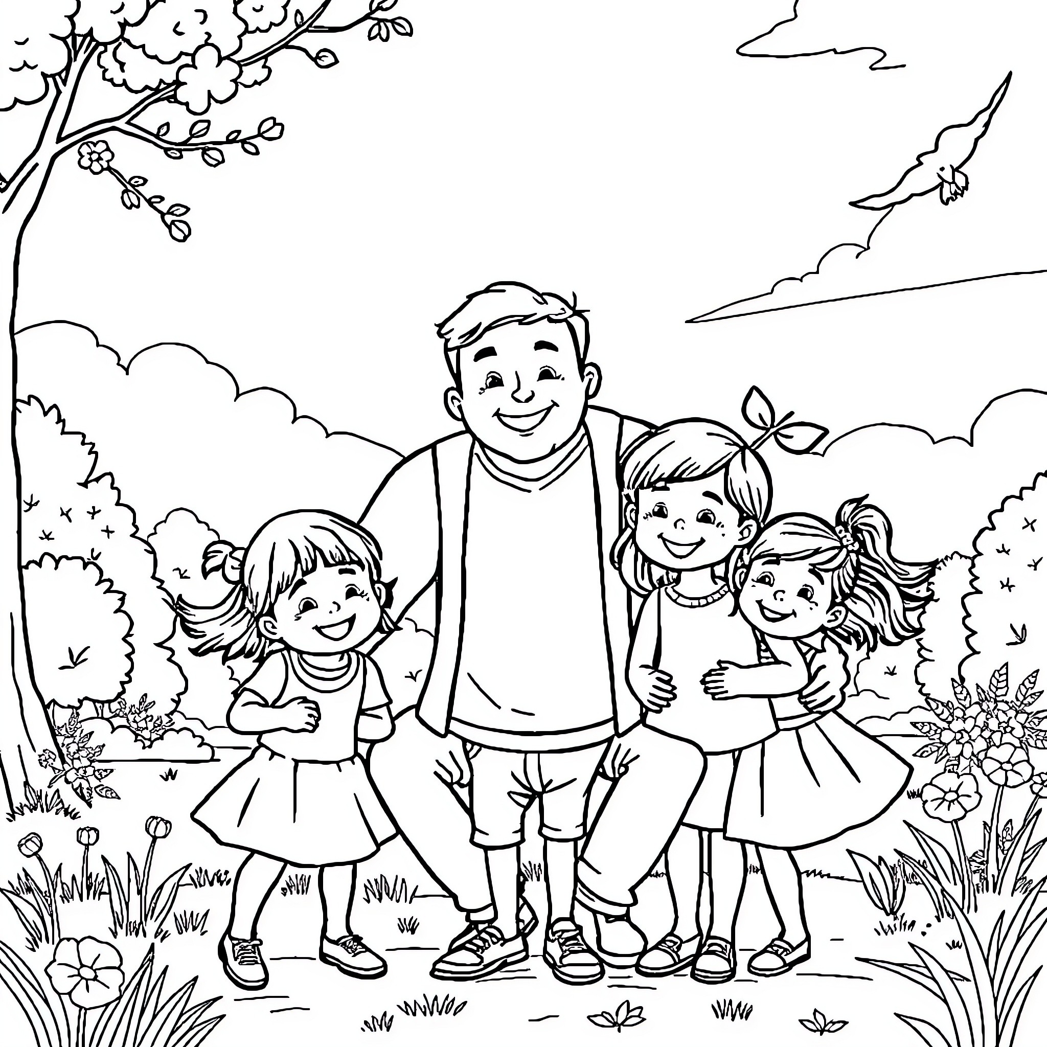 Papa's Joyful Family Outing in Nature Coloring Page (free black-and-white line drawing printable PDF for all, from beginners to advanced learners, including children, teens, adults, and seniors)