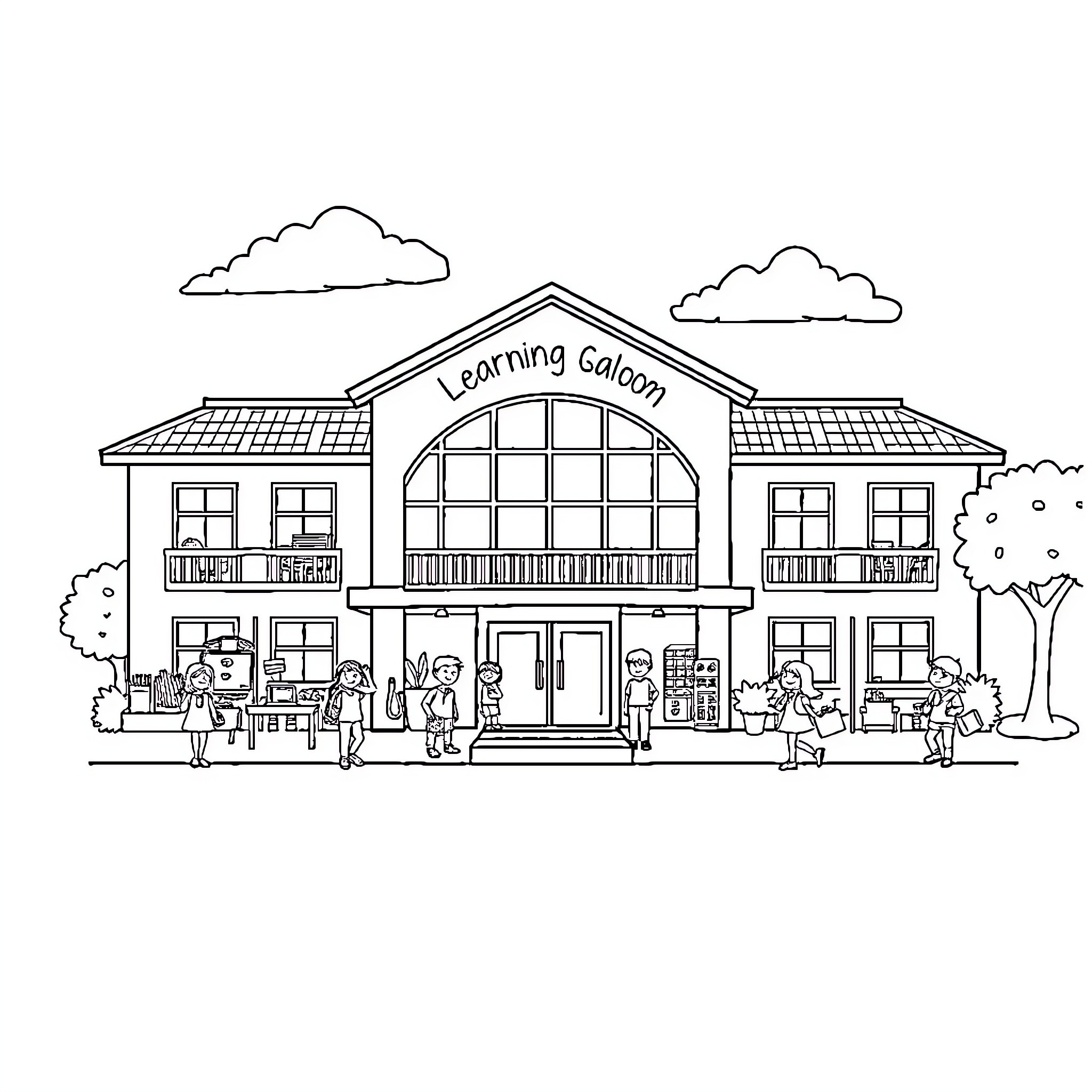 Alachua Learning Academy students learning and playing outdoors Coloring Page (free black-and-white line drawing printable PDF for all, from beginners to advanced learners, including children, teens, adults, and seniors)