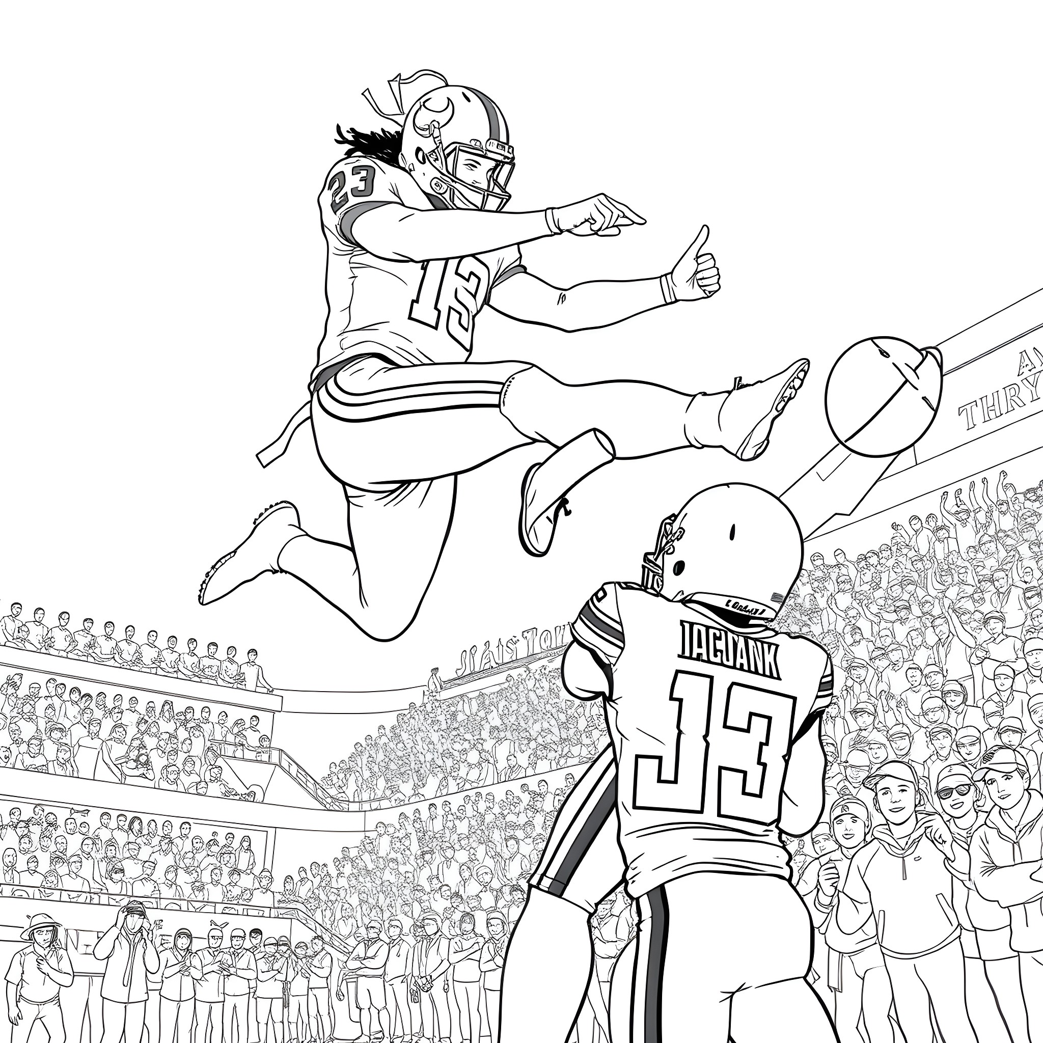 T J Watt dominates on the football field with intensity Coloring Page (free black-and-white line drawing printable PDF for all, from beginners to advanced learners, including children, teens, adults, and seniors)