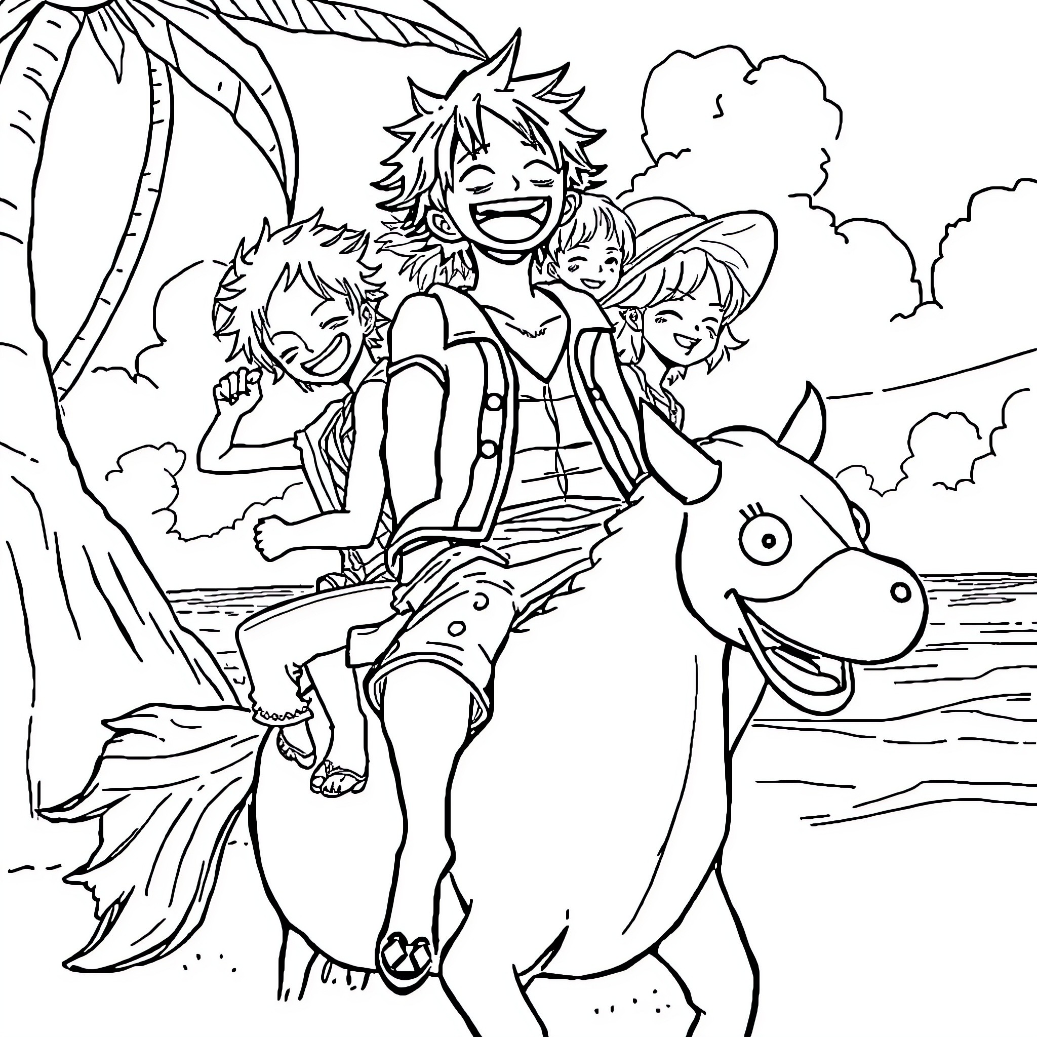 One Piece: Straw Hat Crew's Tropical Adventure Coloring Page (free black-and-white line drawing printable PDF for all, from beginners to advanced learners, including children, teens, adults, and seniors)