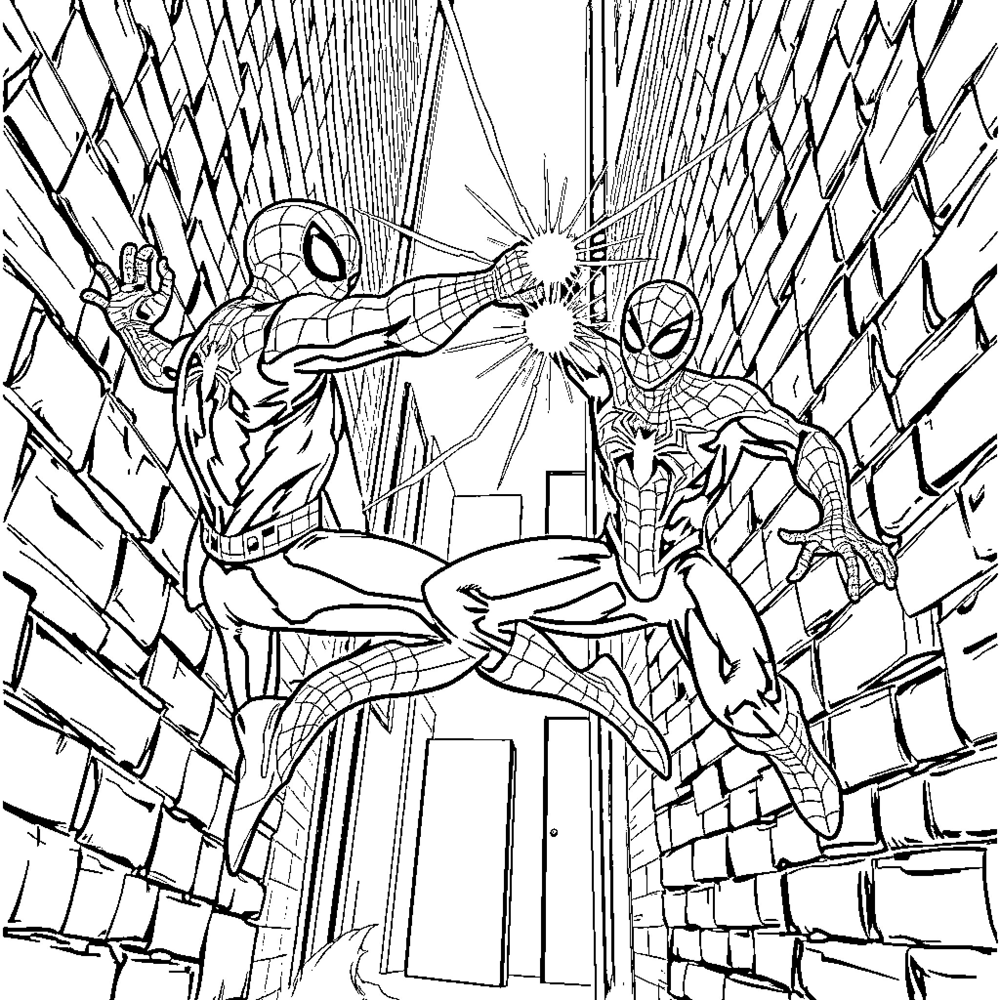 Spiderman heroes in action-packed scene Coloring Page (free black-and-white line drawing printable PDF for all, from beginners to advanced learners, including children, teens, adults, and seniors)