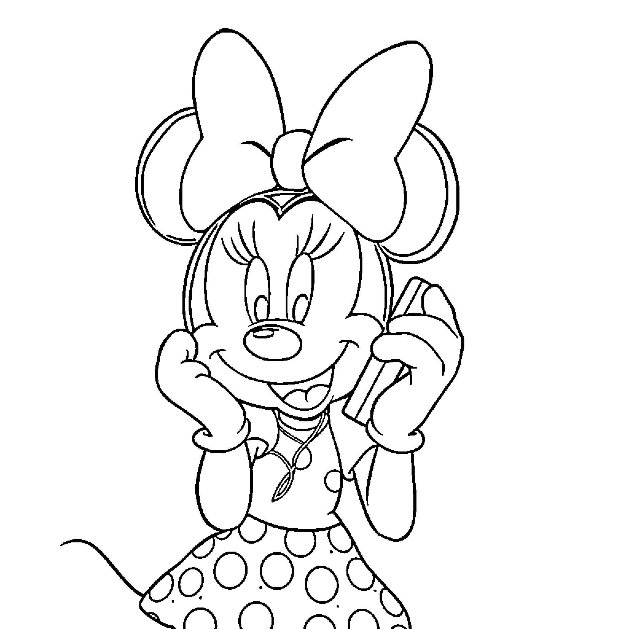 Minnie Mouse in a polka dot dress with a cheerful expression Coloring Page (free black-and-white line drawing printable PDF for all, from beginners to advanced learners, including children, teens, adults, and seniors)