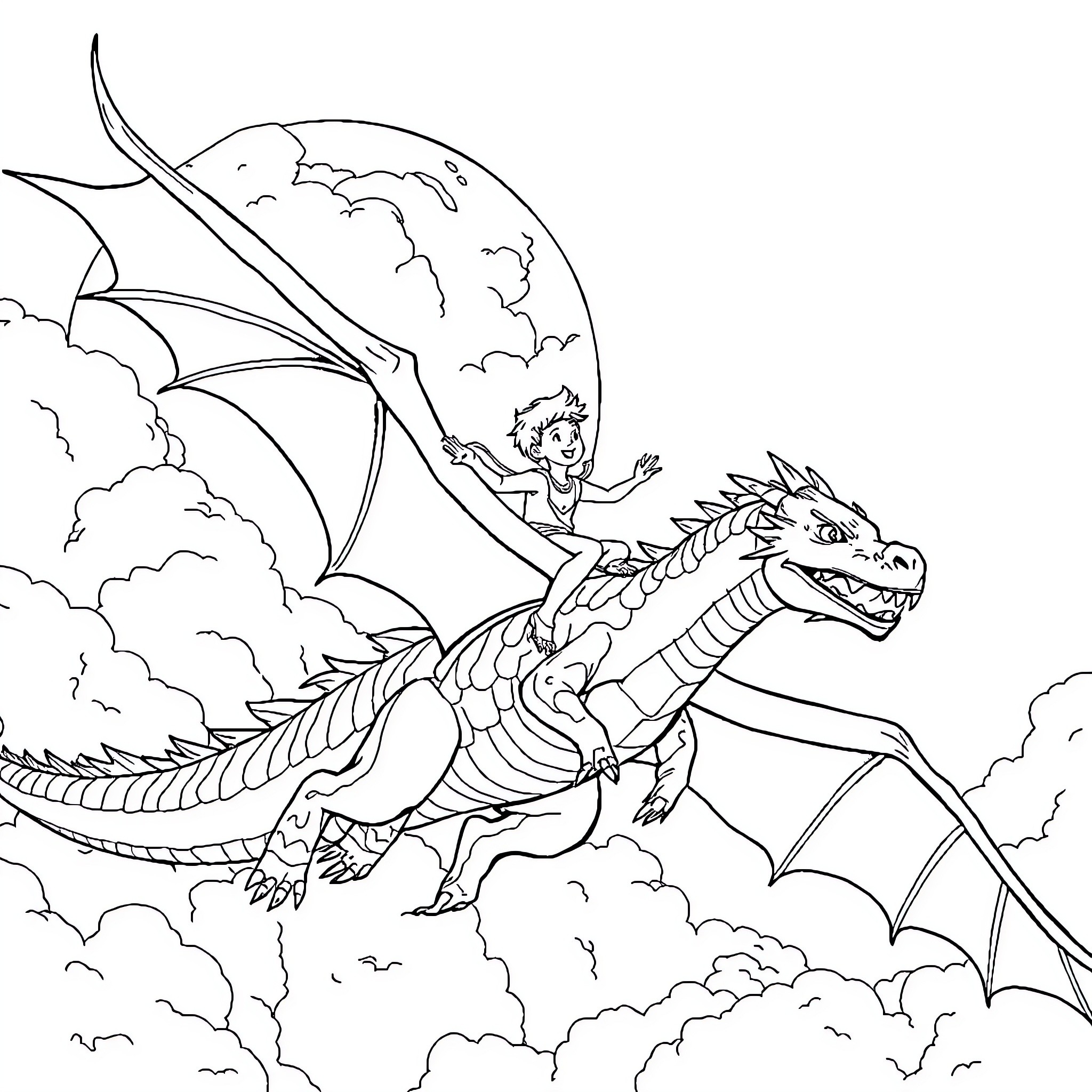 Boy riding a dragon through the clouds Coloring Page (free black-and-white line drawing printable PDF for all, from beginners to advanced learners, including children, teens, adults, and seniors)