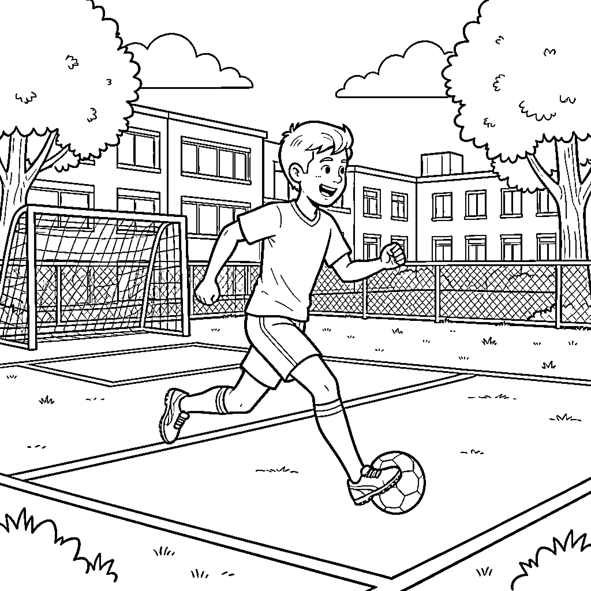 Footballeur dribbling a ball on a sports field Coloring Page (free black-and-white line drawing printable PDF for all, from beginners to advanced learners, including children, teens, adults, and seniors)