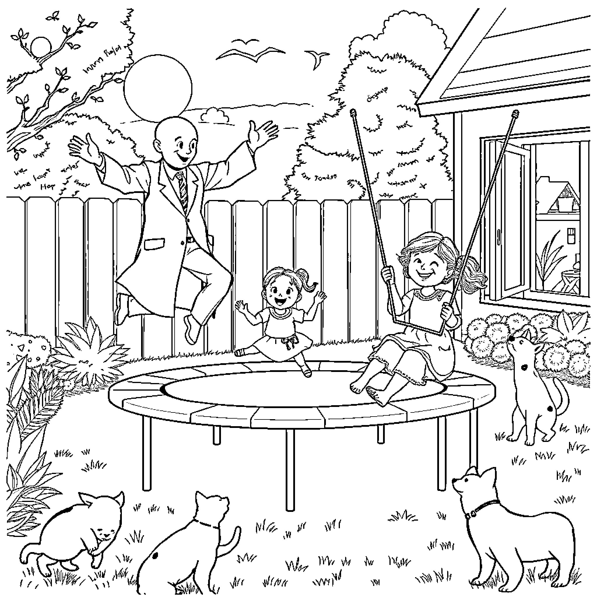 Doctor playing with children in the backyard Coloring Page (free black-and-white line drawing printable PDF for all, from beginners to advanced learners, including children, teens, adults, and seniors)