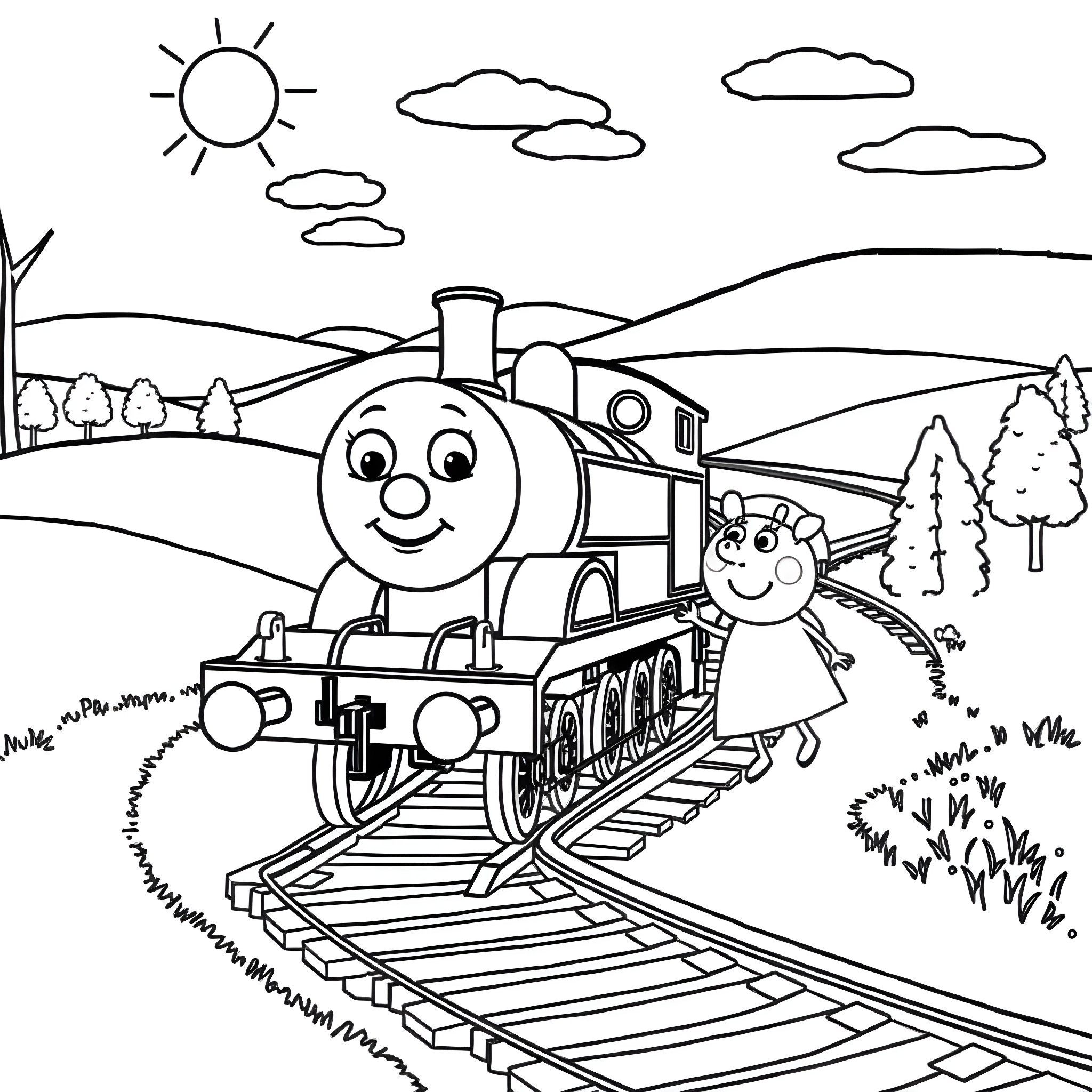 Thomas and the train adventure through the countryside Coloring Page (free black-and-white line drawing printable PDF for all, from beginners to advanced learners, including children, teens, adults, and seniors)