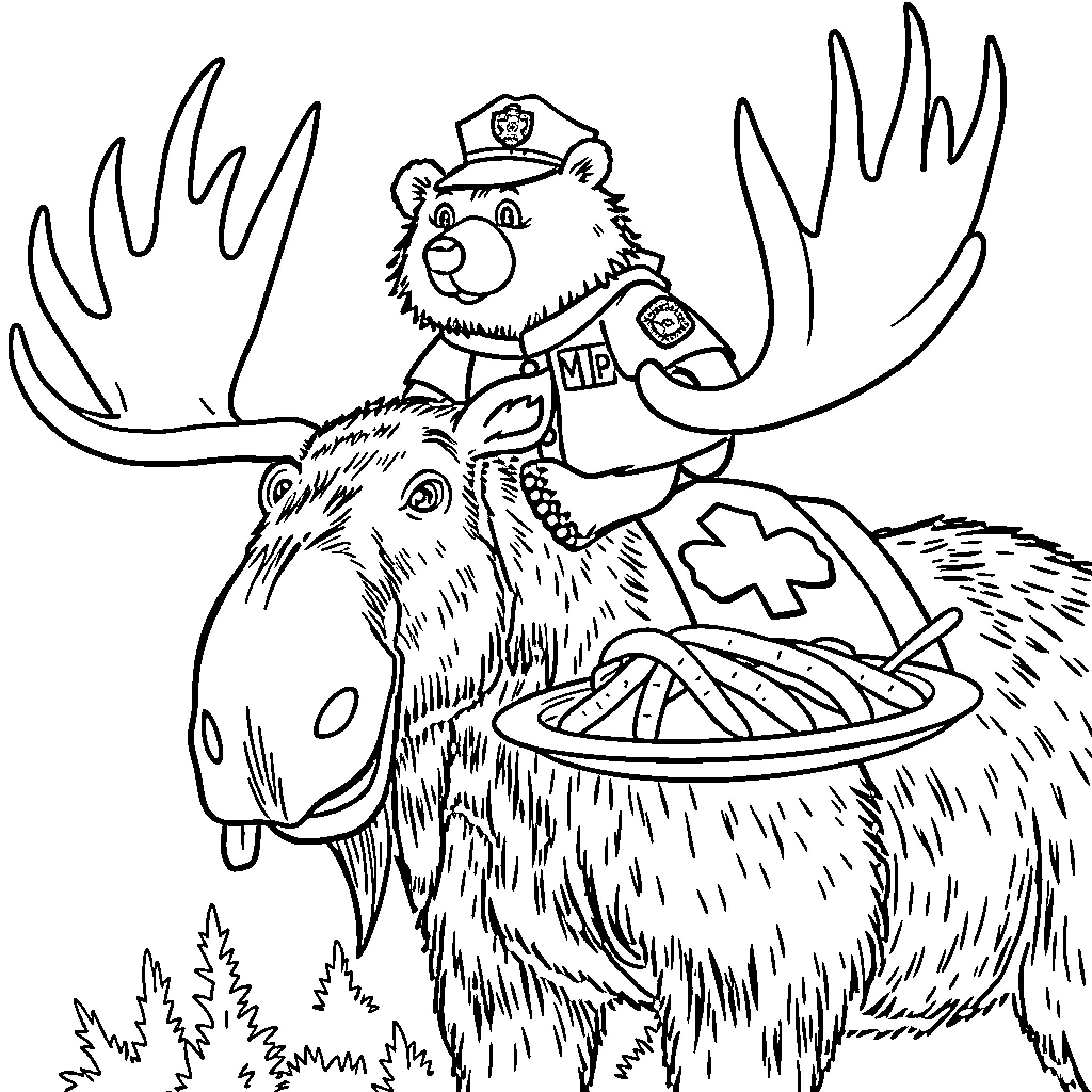 Bear police officer on a moose in the wild Coloring Page (free black-and-white line drawing printable PDF for all, from beginners to advanced learners, including children, teens, adults, and seniors)