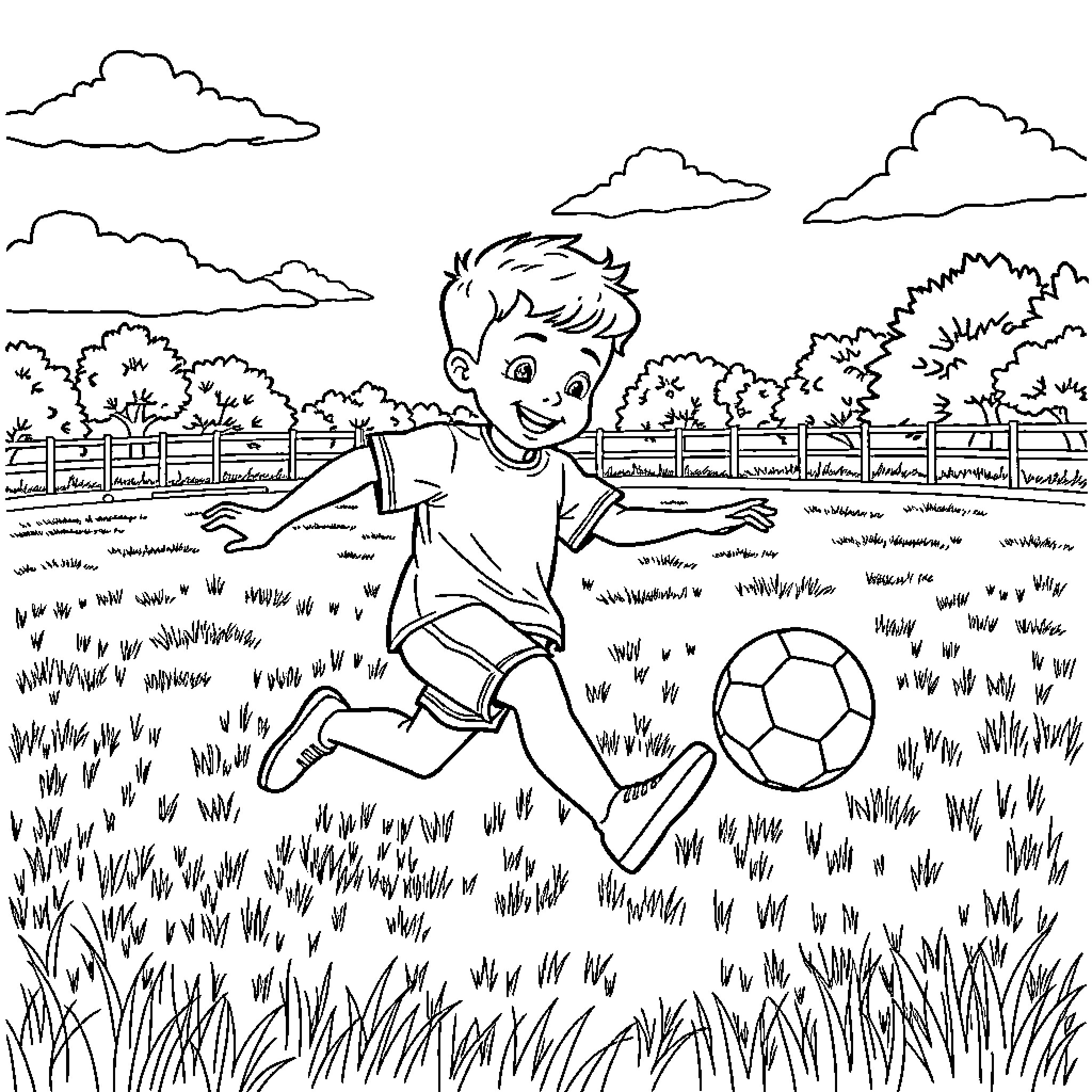 Boy playing joyfully with soccer ball in the meadow Coloring Page (free black-and-white line drawing printable PDF for all, from beginners to advanced learners, including children, teens, adults, and seniors)