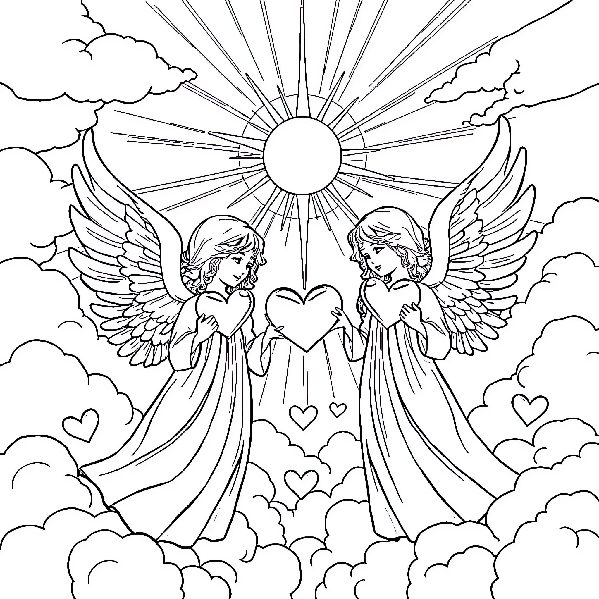 Angel Guardians Holding Heart in Heavenly Clouds Coloring Page (free black-and-white line drawing printable PDF for all, from beginners to advanced learners, including children, teens, adults, and seniors)