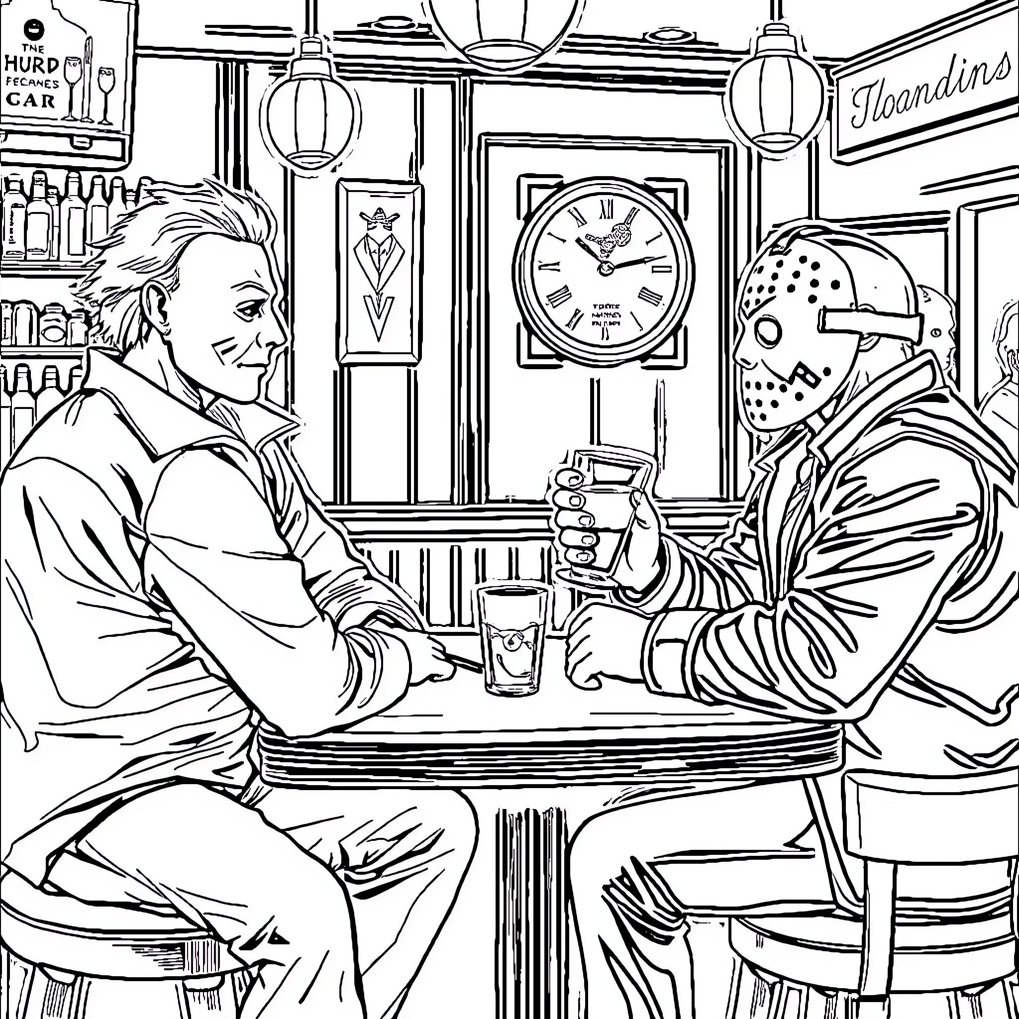 Michael Myers Enjoying Drinks at the Diner Coloring Page (free black-and-white line drawing printable PDF for all, from beginners to advanced learners, including children, teens, adults, and seniors)