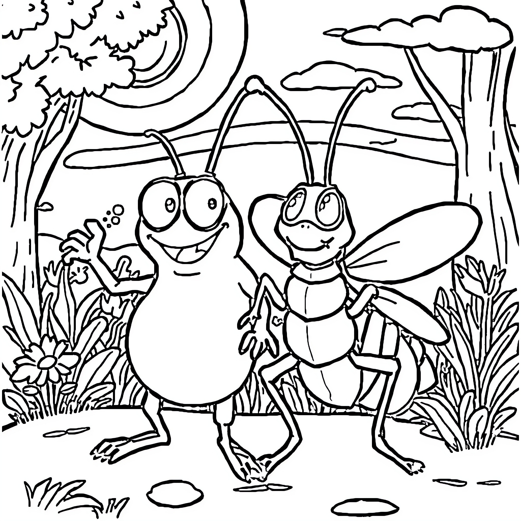 Ogy's Insect Adventure in the Enchanted Forest Coloring Page (free black-and-white line drawing printable PDF for all, from beginners to advanced learners, including children, teens, adults, and seniors)