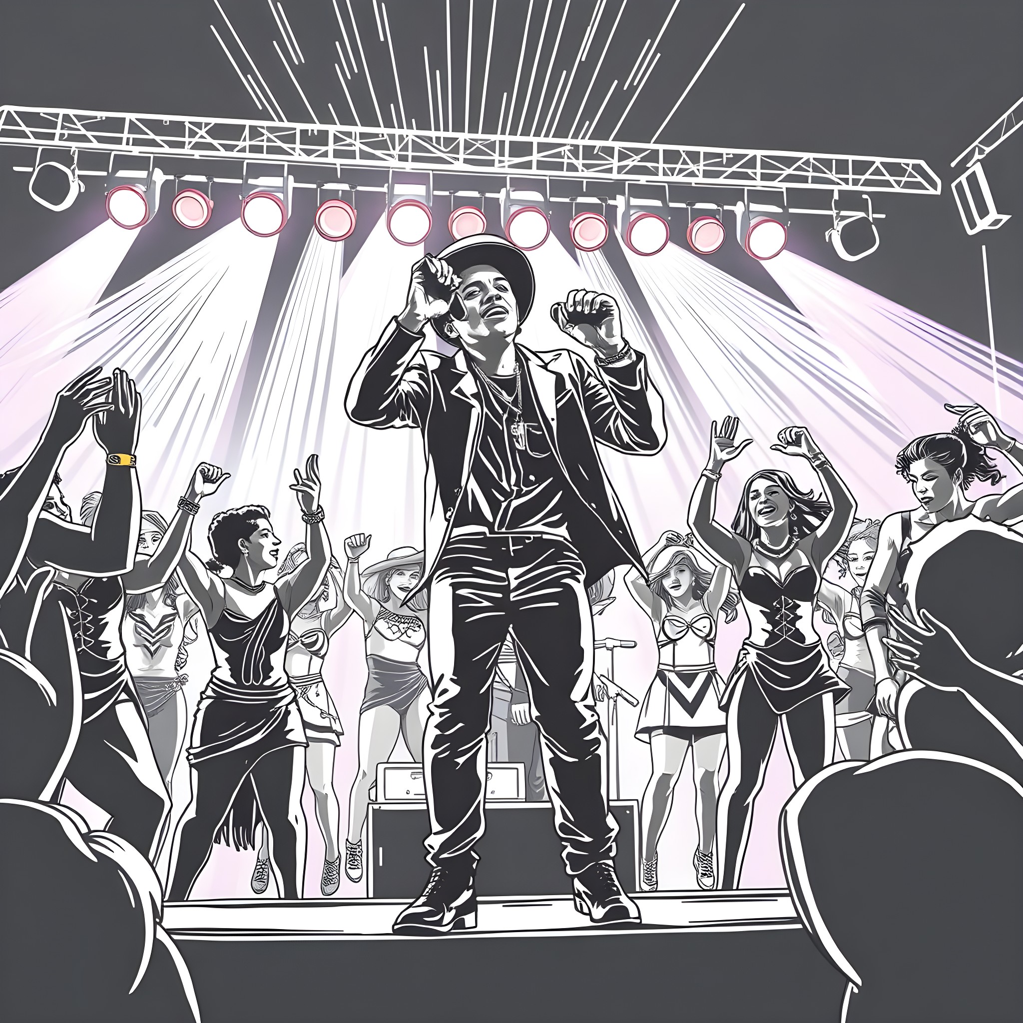 Bruno Mars performing on stage with lively dancers Coloring Page (free black-and-white line drawing printable PDF for all, from beginners to advanced learners, including children, teens, adults, and seniors)