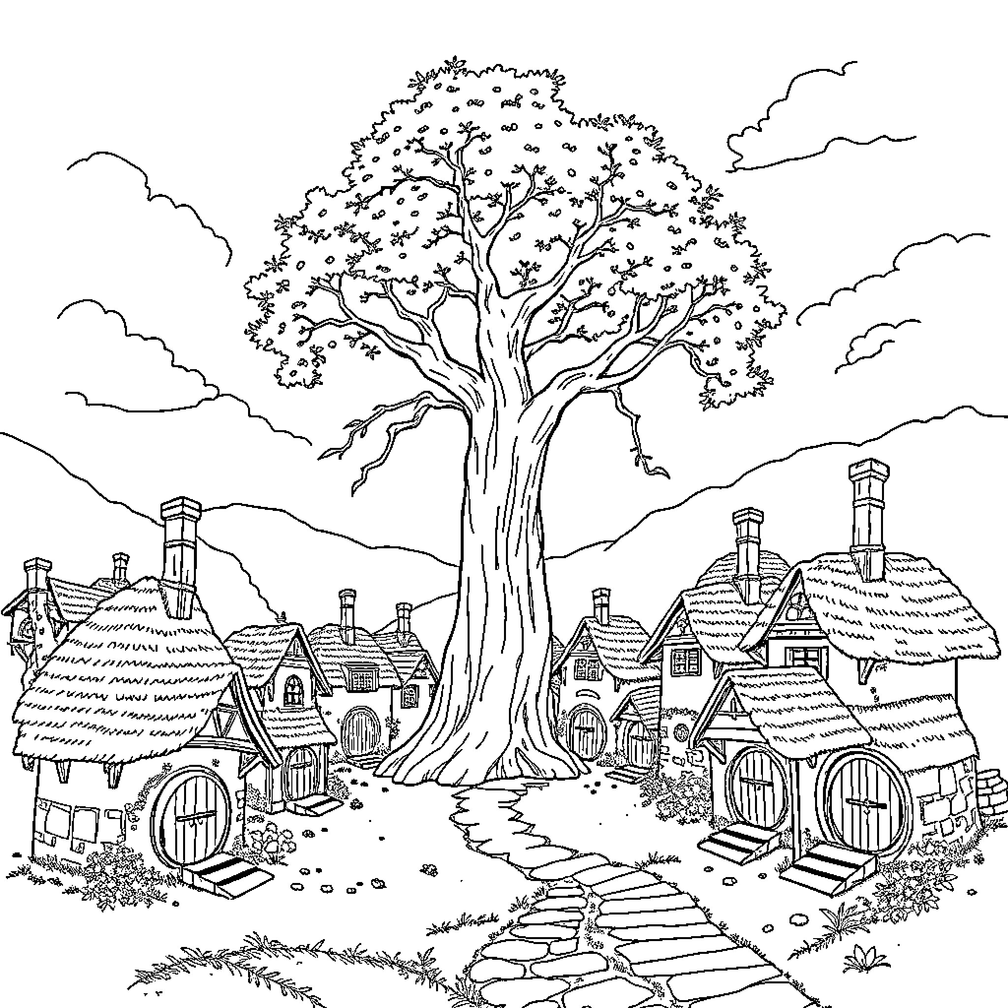 Hobbit village under the ancient tree Coloring Page (free black-and-white line drawing printable PDF for all, from beginners to advanced learners, including children, teens, adults, and seniors)