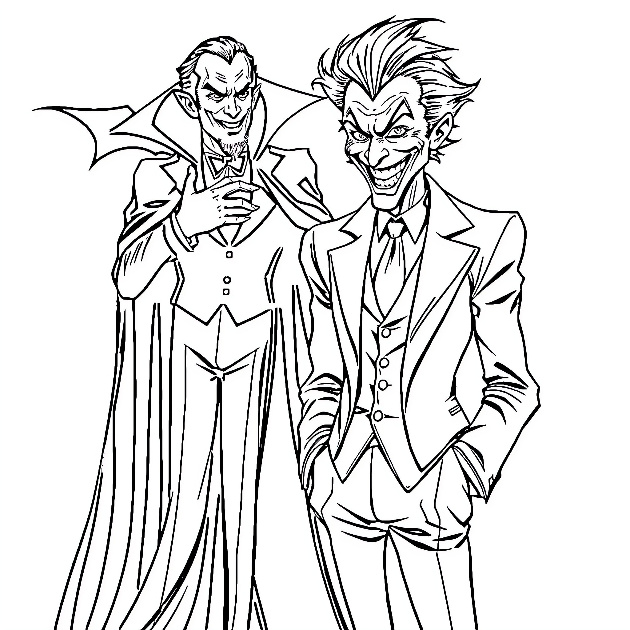 Dracula and the Joker in Stylish Attire Coloring Page (free black-and-white line drawing printable PDF for all, from beginners to advanced learners, including children, teens, adults, and seniors)
