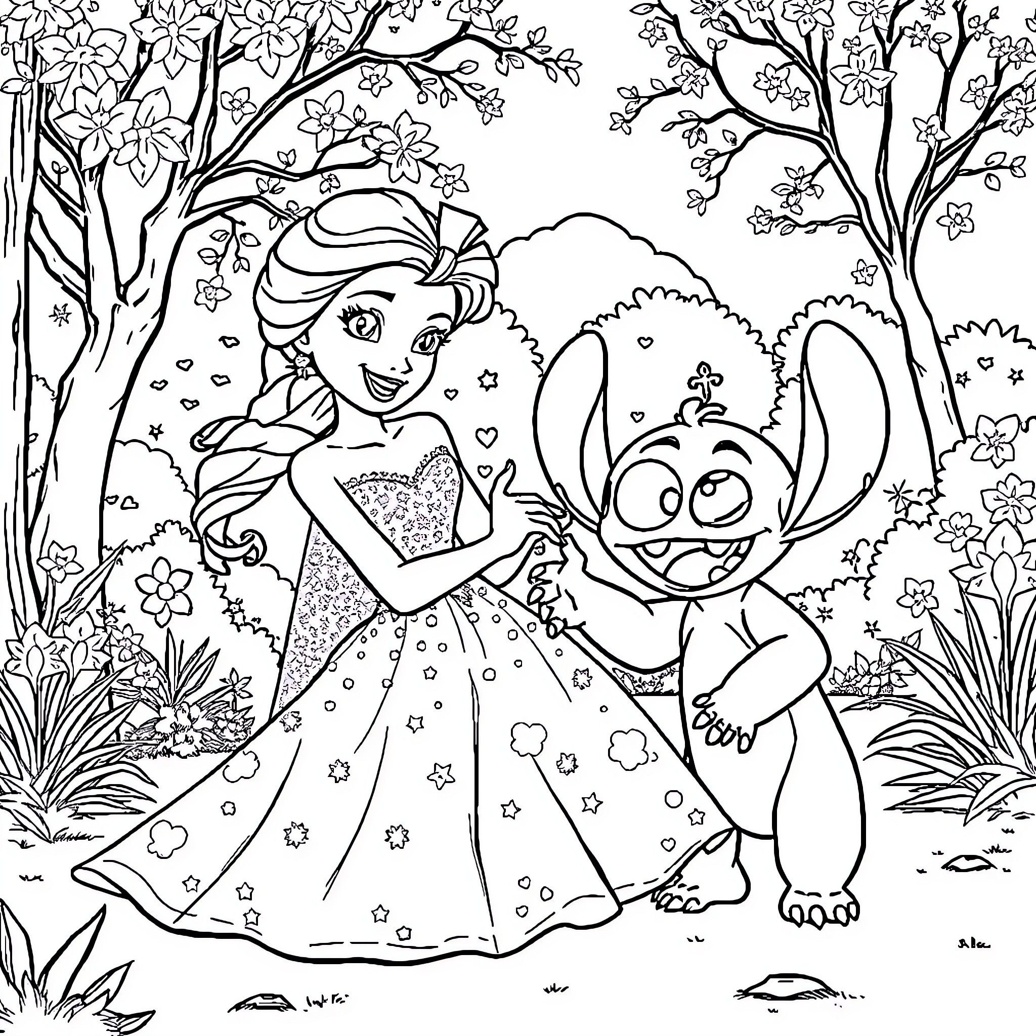 Elsa and Stitch Enjoying Nature's Beauty Coloring Page (free black-and-white line drawing printable PDF for all, from beginners to advanced learners, including children, teens, adults, and seniors)