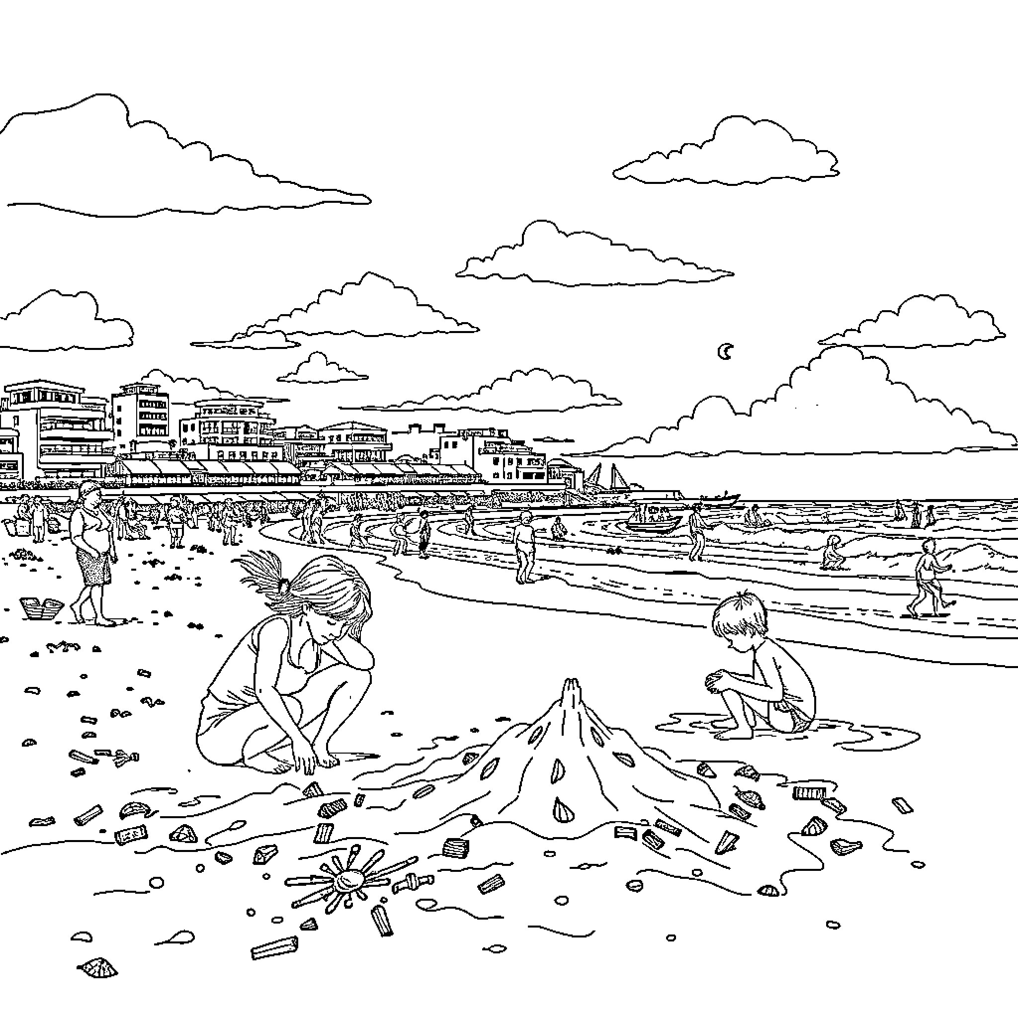 Coastguard Watching Over the Beachside Scenes Coloring Page (free black-and-white line drawing printable PDF for all, from beginners to advanced learners, including children, teens, adults, and seniors)