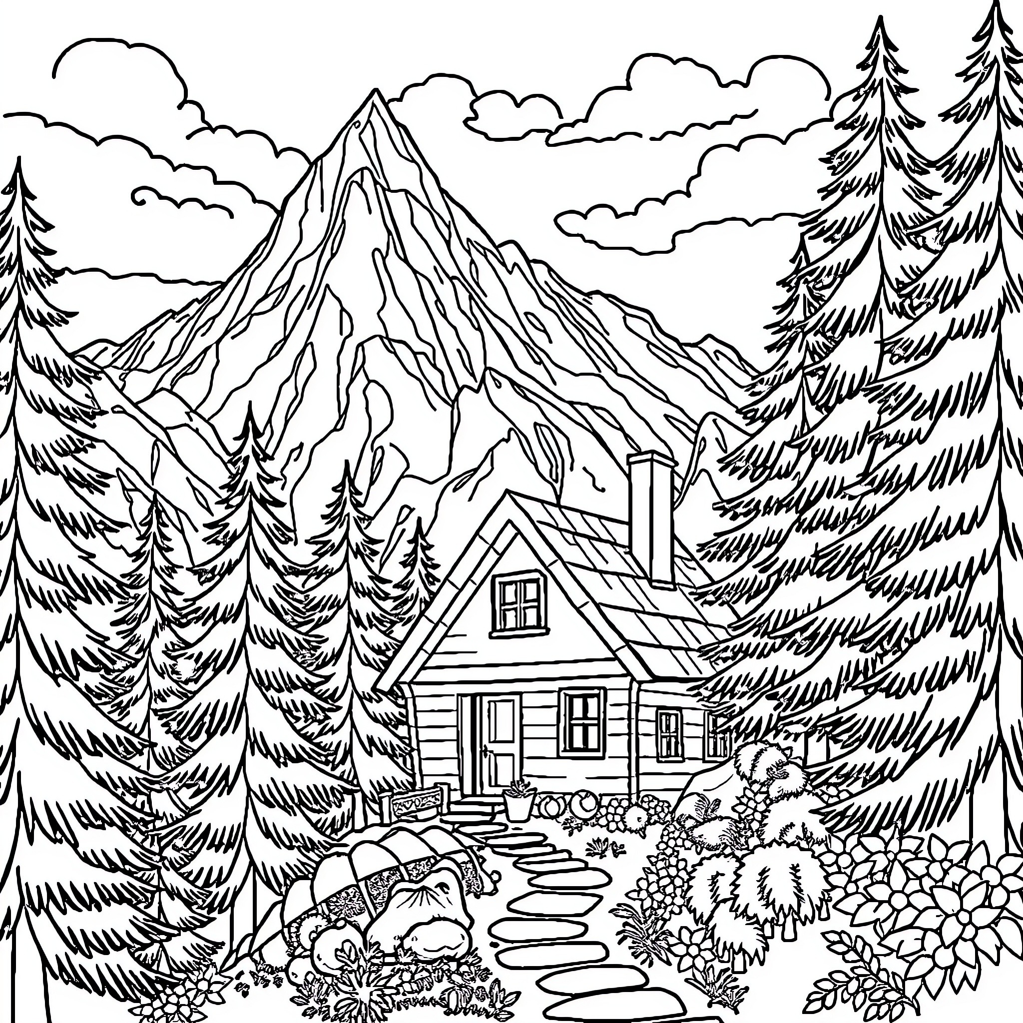Cottage in the Serene Mountain Landscape Coloring Page (free black-and-white line drawing printable PDF for all, from beginners to advanced learners, including children, teens, adults, and seniors)