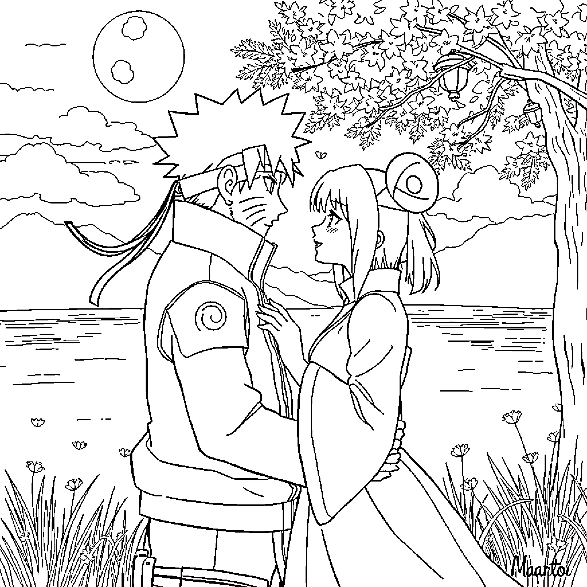Naruto characters in serene outdoor scene Coloring Page (free black-and-white line drawing printable PDF for all, from beginners to advanced learners, including children, teens, adults, and seniors)
