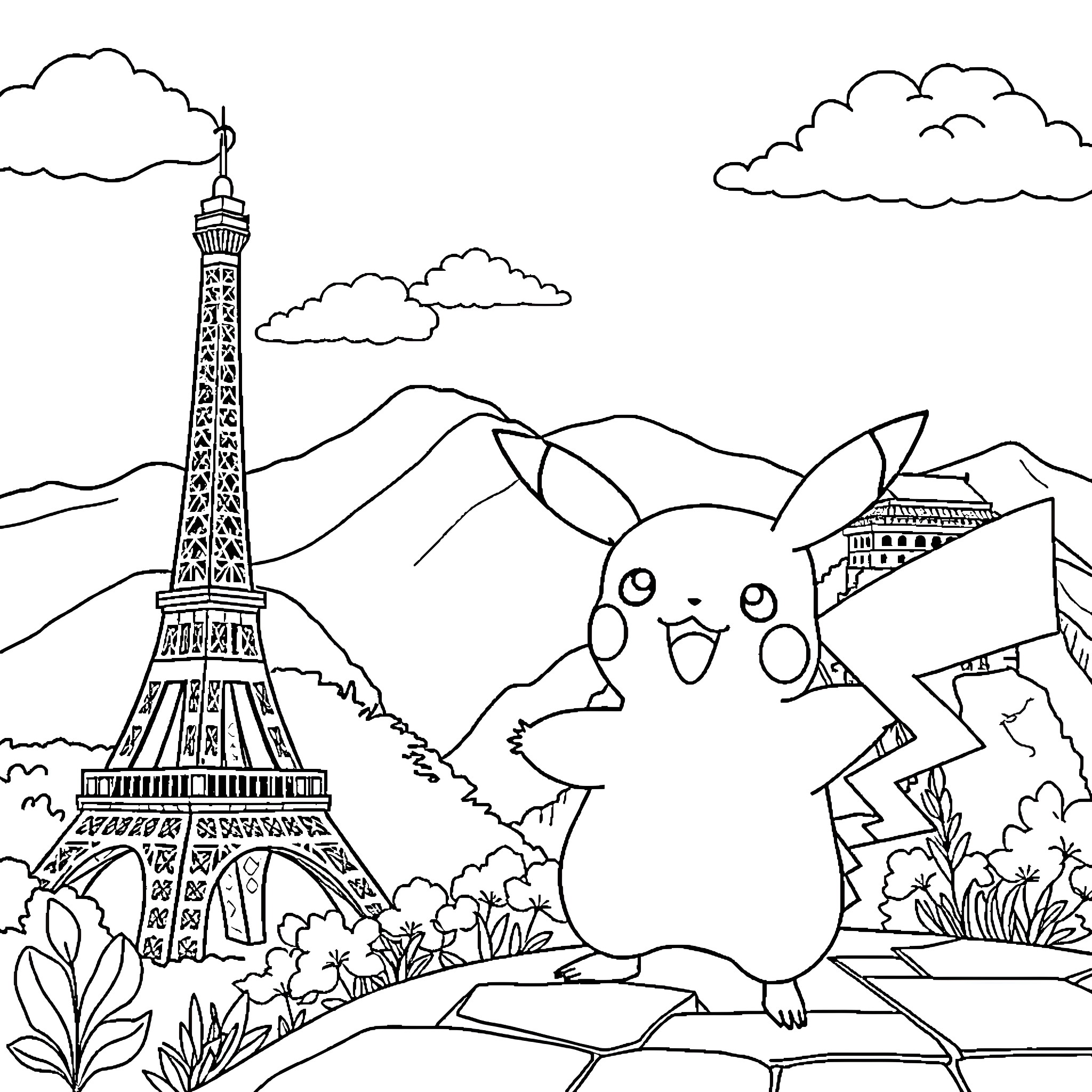 Pikachu's Scenic Adventure in Paris Coloring Page (free black-and-white line drawing printable PDF for all, from beginners to advanced learners, including children, teens, adults, and seniors)