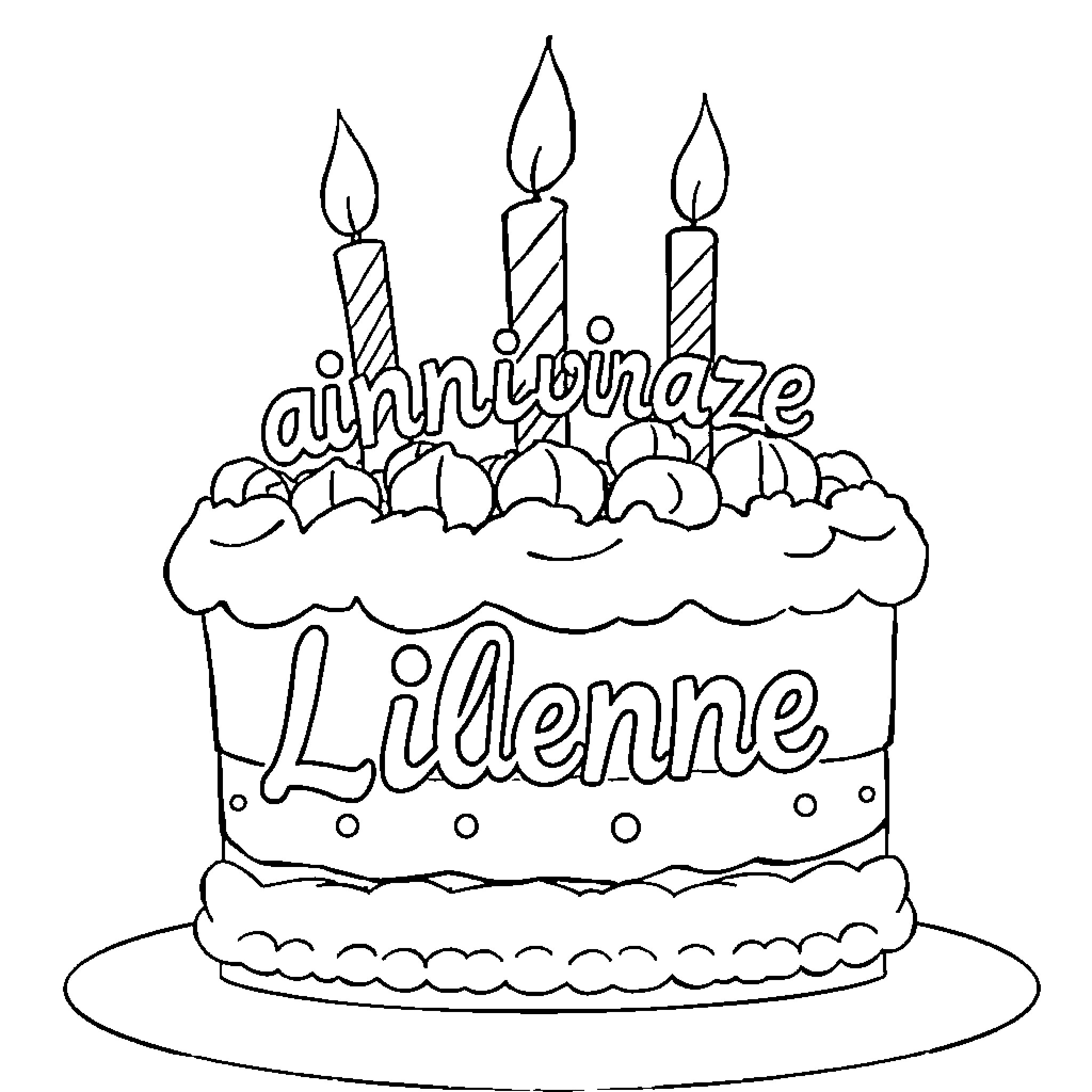 Birthday Cake Celebrating Lilenne's Anniversary Coloring Page (free black-and-white line drawing printable PDF for all, from beginners to advanced learners, including children, teens, adults, and seniors)