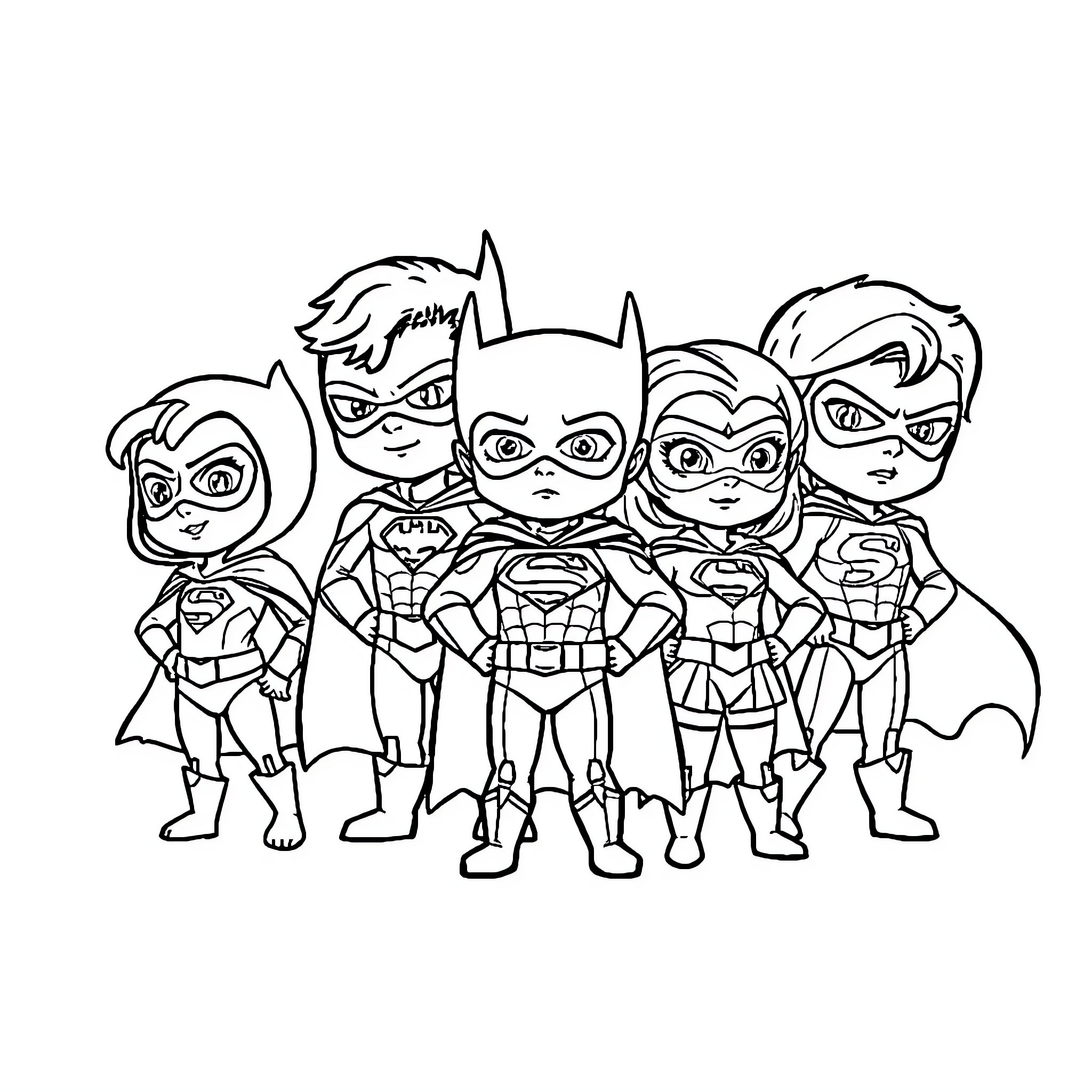 Justice League Heroes in Action Coloring Page (free black-and-white line drawing printable PDF for all, from beginners to advanced learners, including children, teens, adults, and seniors)