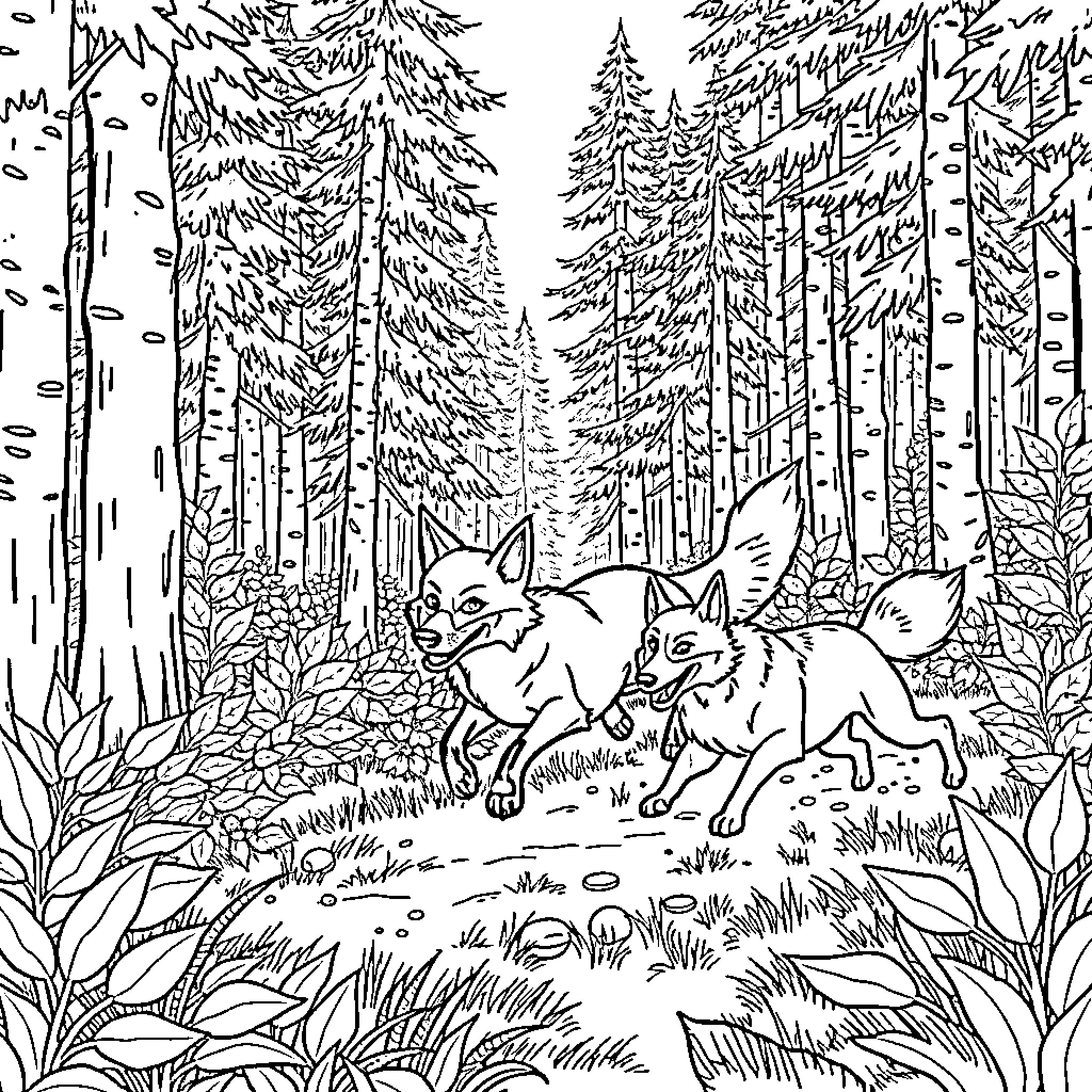 Fox playing in the enchanted forest Coloring Page (free black-and-white line drawing printable PDF for all, from beginners to advanced learners, including children, teens, adults, and seniors)
