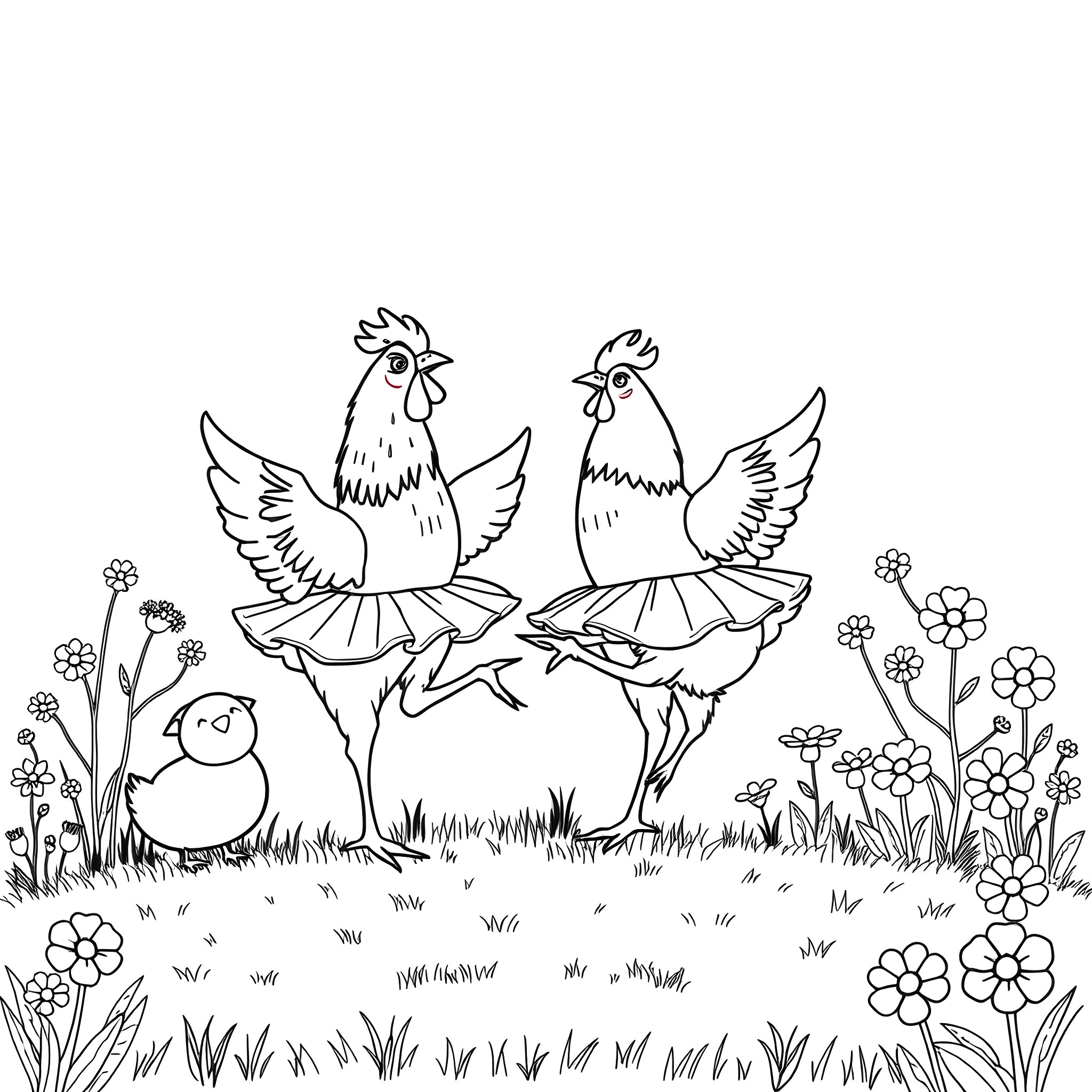 Chickens dancing joyfully in a flower-filled meadow Coloring Page (free black-and-white line drawing printable PDF for all, from beginners to advanced learners, including children, teens, adults, and seniors)