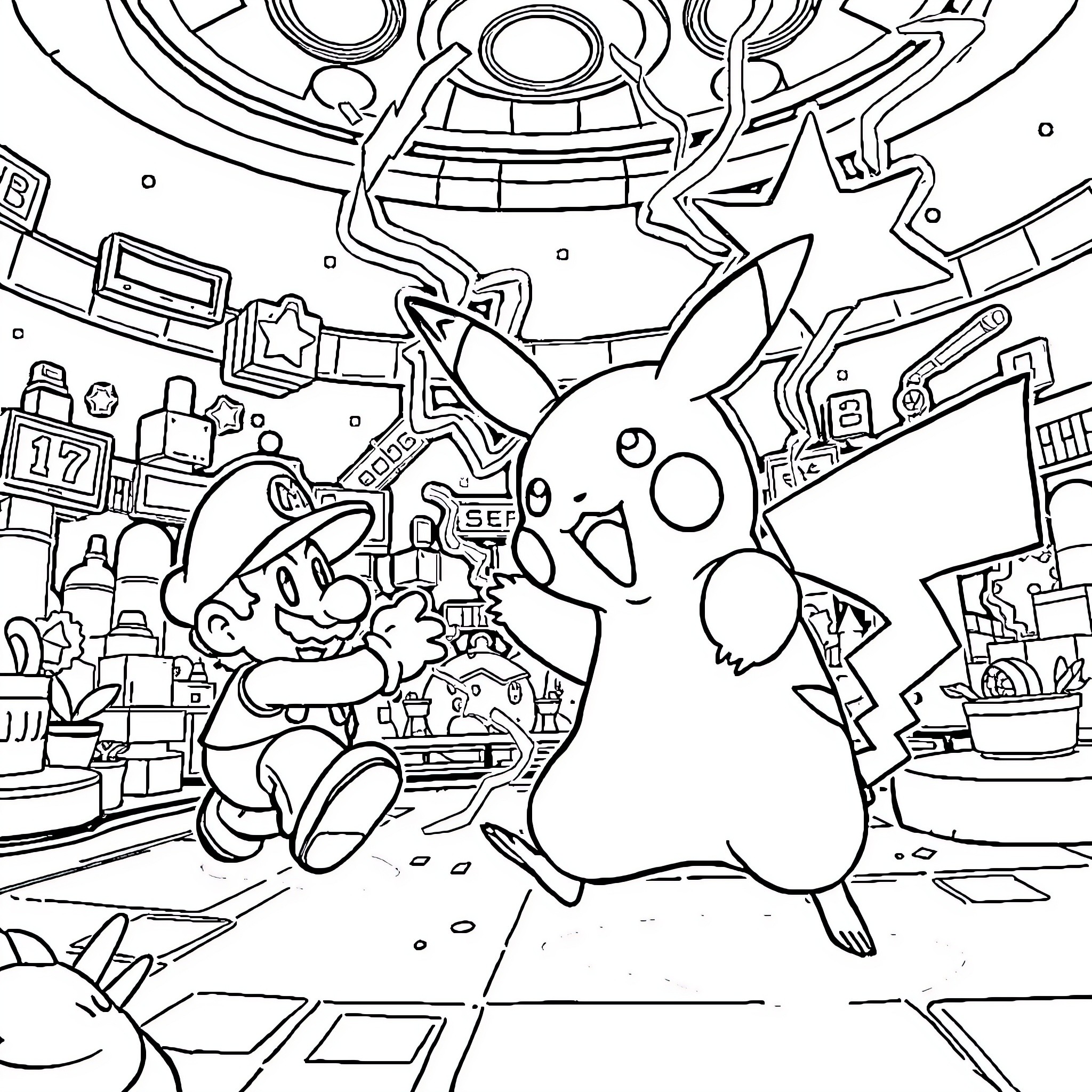 Pikachu and Mario in a whimsical, cluttered scene Coloring Page (free black-and-white line drawing printable PDF for all, from beginners to advanced learners, including children, teens, adults, and seniors)