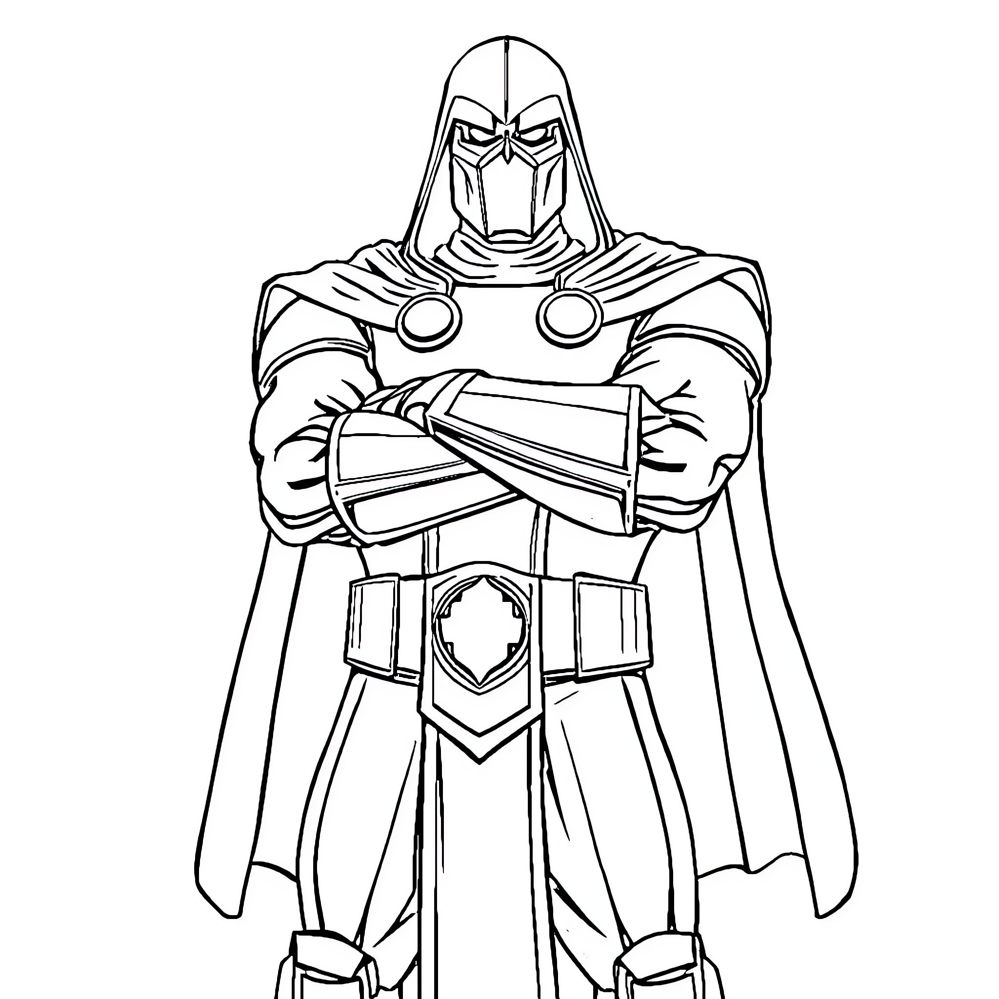 Doctor Doom standing with crossed arms and menacing expression Coloring Page (free black-and-white line drawing printable PDF for all, from beginners to advanced learners, including children, teens, adults, and seniors)