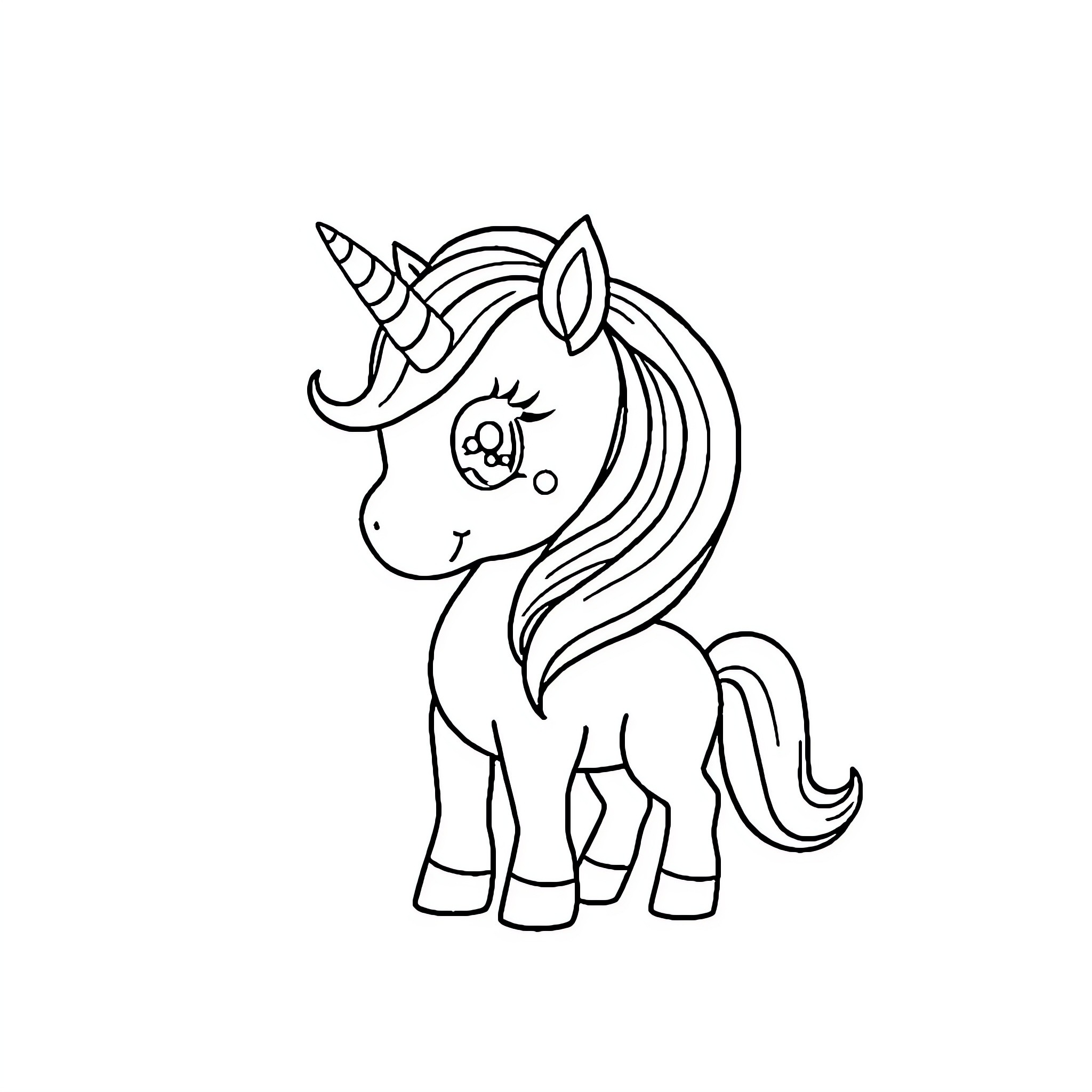Unicorn with Curious Expression Coloring Page (free black-and-white line drawing printable PDF for all, from beginners to advanced learners, including children, teens, adults, and seniors)