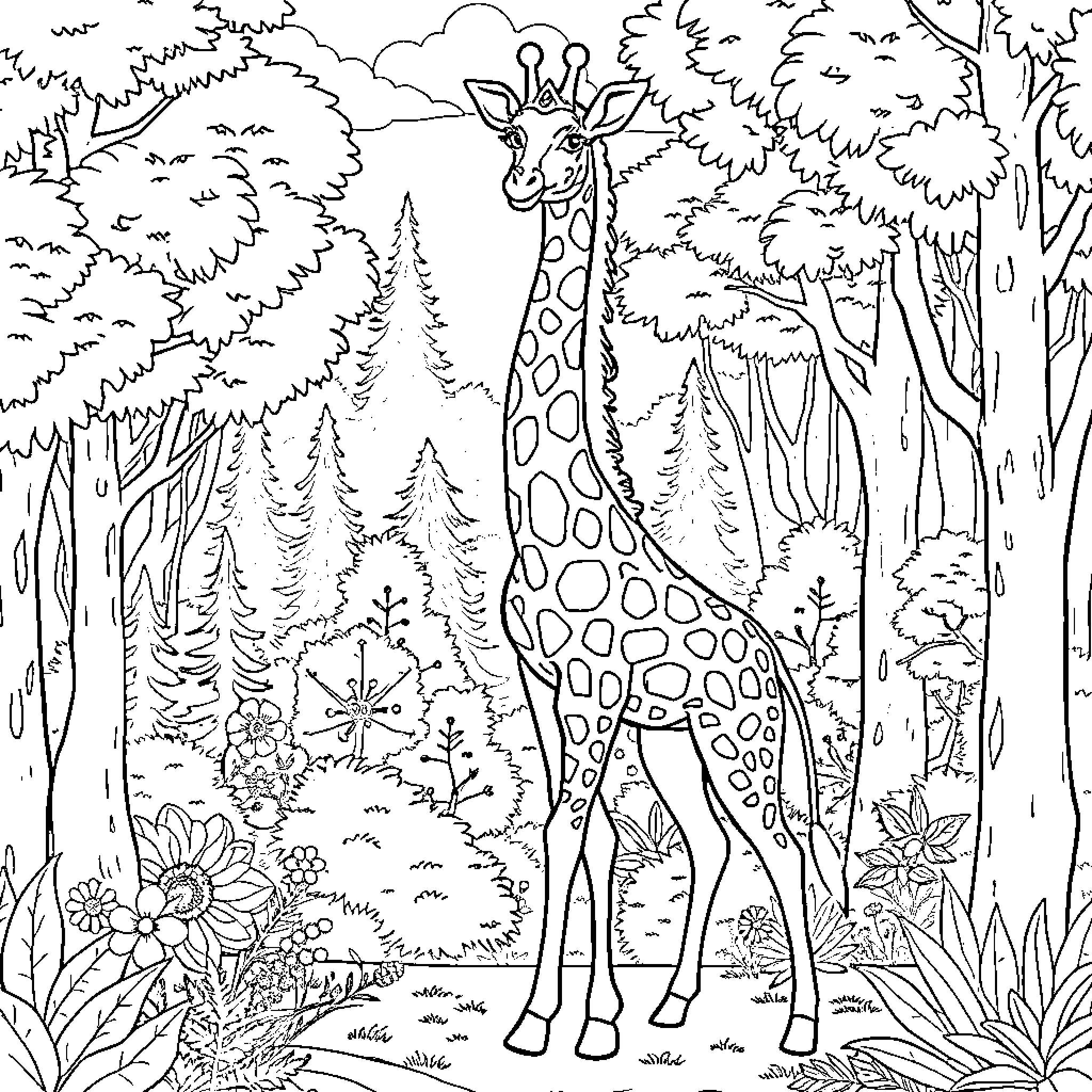 Giraffe exploring a lush forest landscape Coloring Page (free black-and-white line drawing printable PDF for all, from beginners to advanced learners, including children, teens, adults, and seniors)