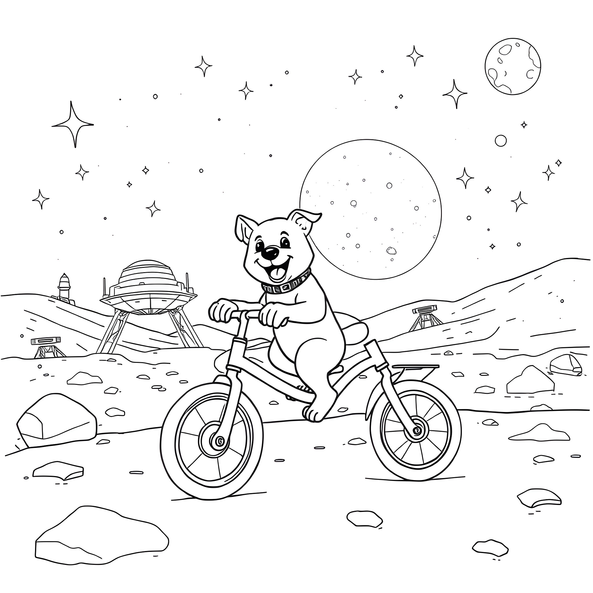 Dog riding bicycle on the moon Coloring Page (free black-and-white line drawing printable PDF for all, from beginners to advanced learners, including children, teens, adults, and seniors)