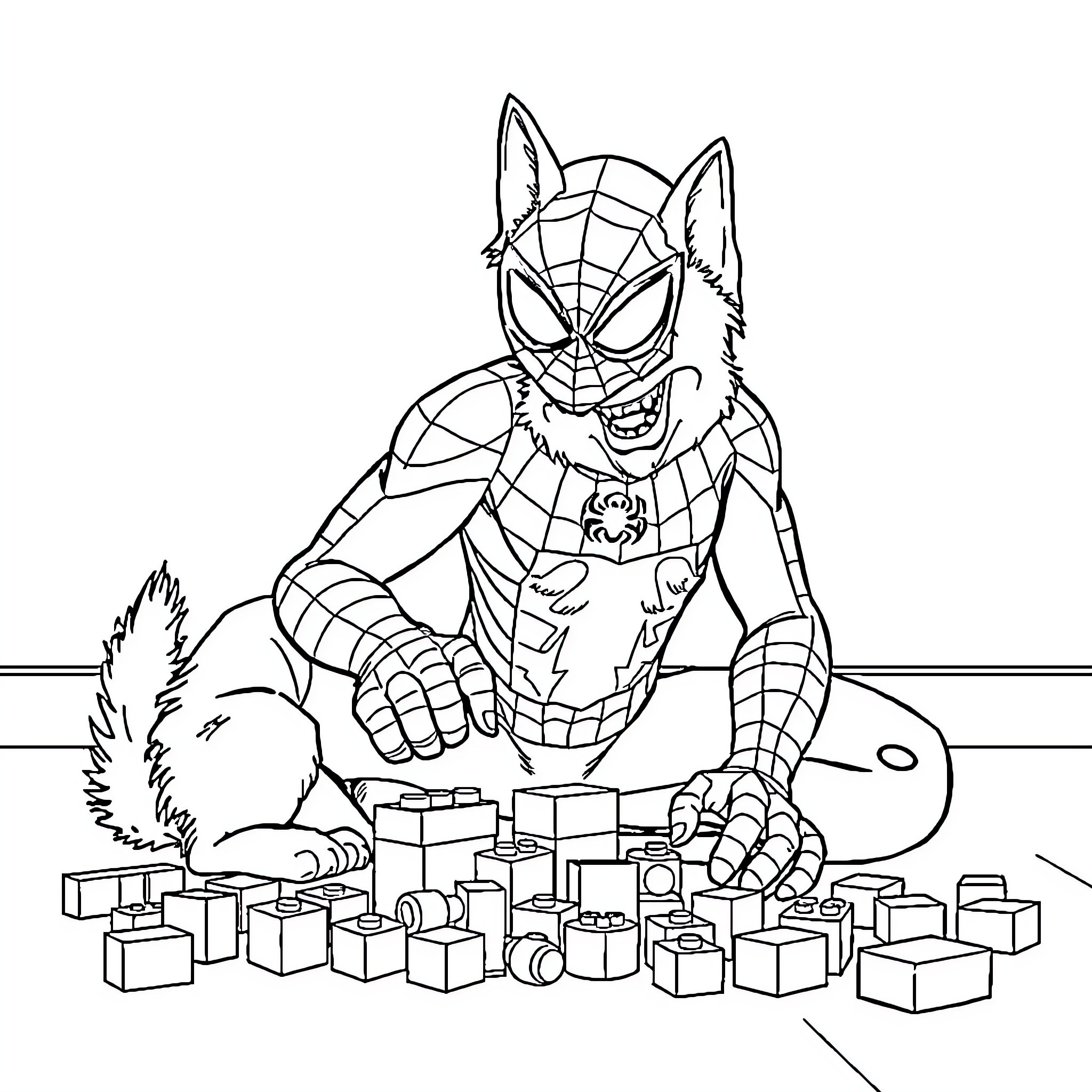 Spiderman playing with building blocks Coloring Page (free black-and-white line drawing printable PDF for all, from beginners to advanced learners, including children, teens, adults, and seniors)