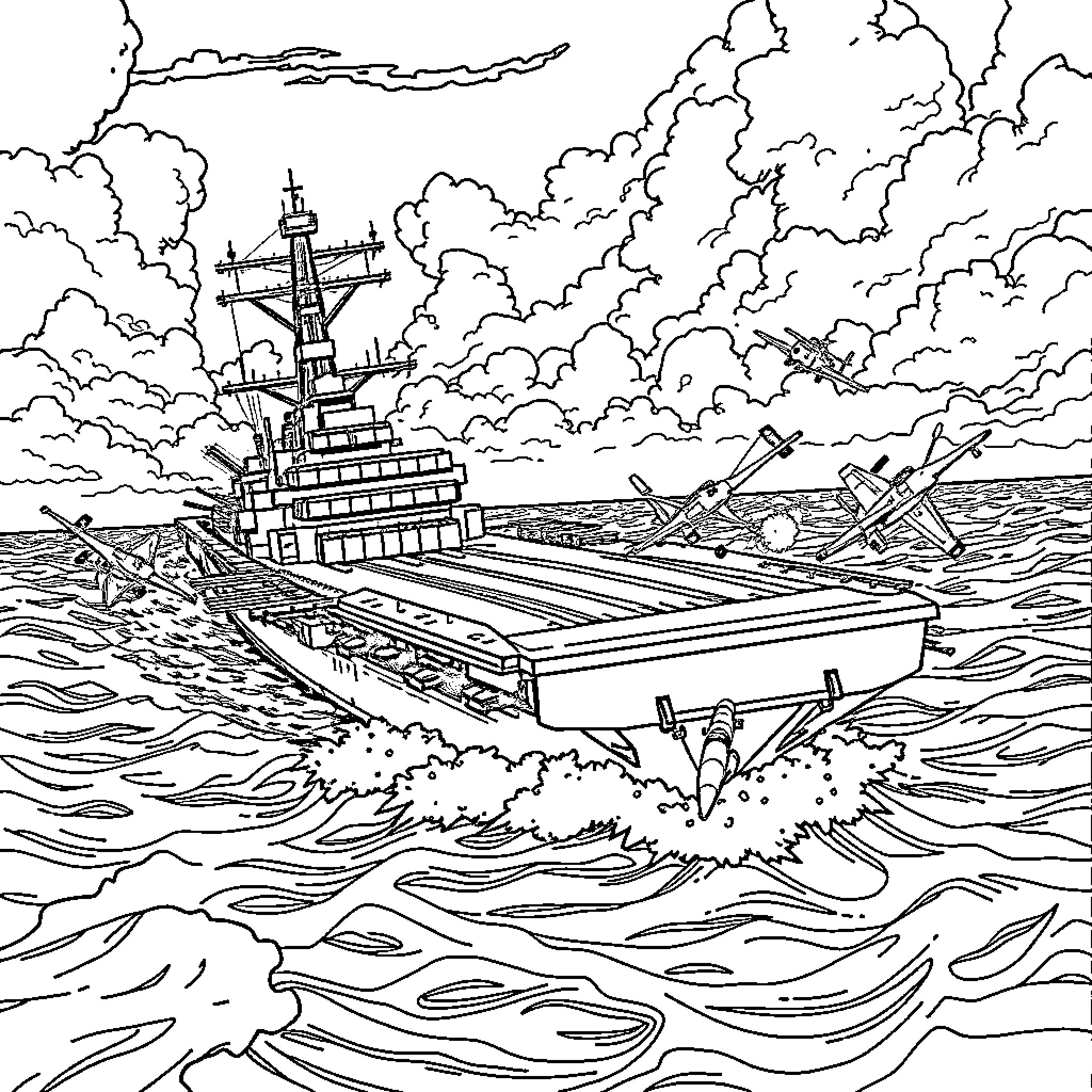 Aircraft Carrier Navigating Stormy Seas Coloring Page (free black-and-white line drawing printable PDF for all, from beginners to advanced learners, including children, teens, adults, and seniors)