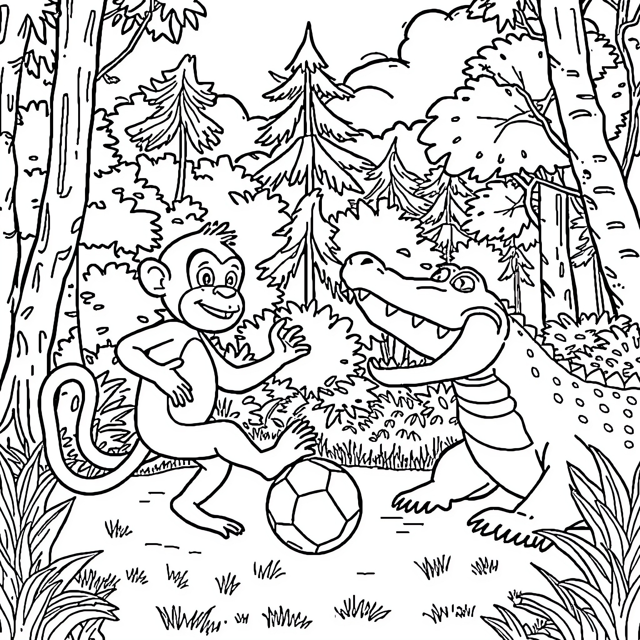 Monkey playing soccer with crocodile in forest Coloring Page (free black-and-white line drawing printable PDF for all, from beginners to advanced learners, including children, teens, adults, and seniors)
